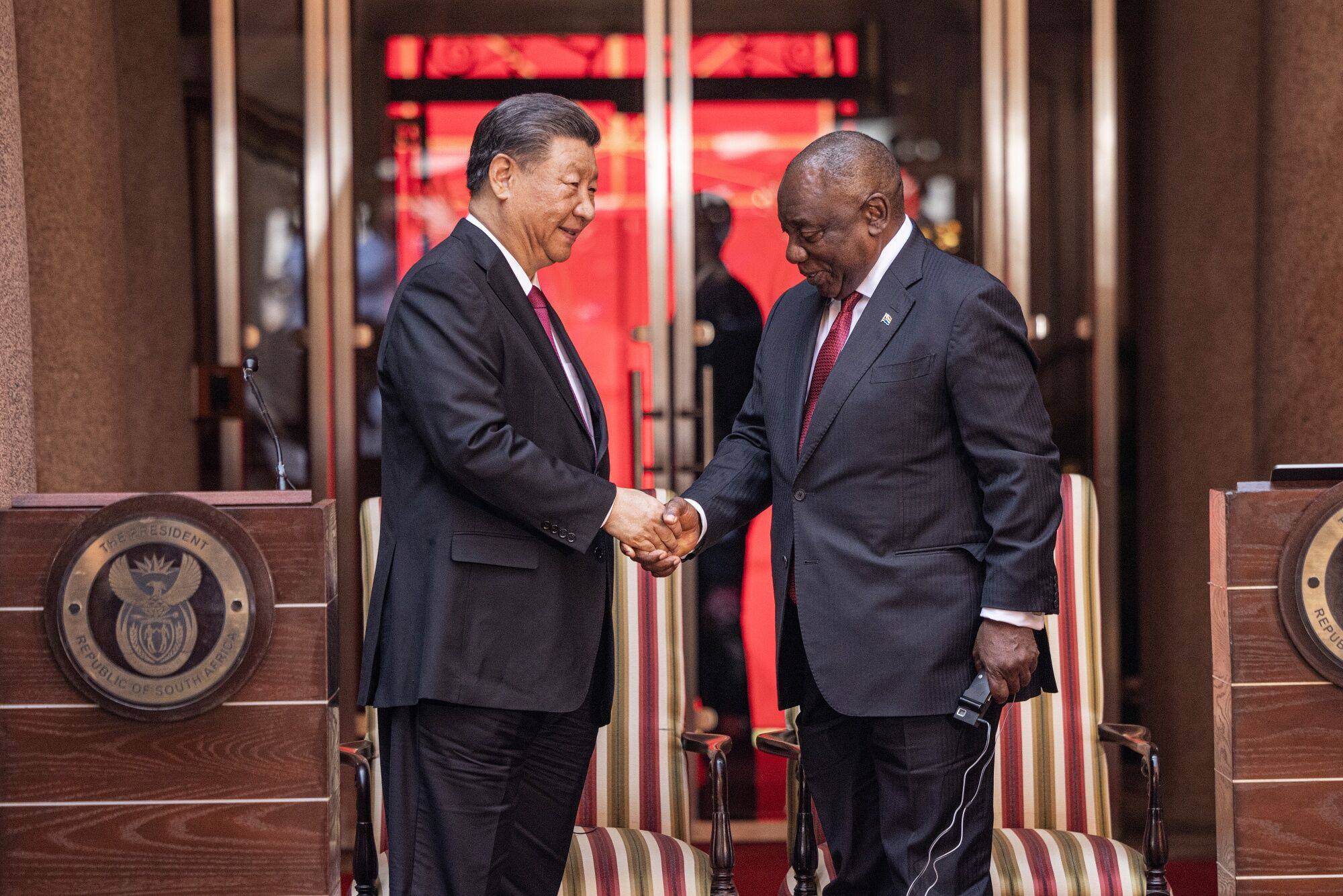 Chinese President Xi Jinping with South African President Cyril Ramaphosa in Pretoria on August 22, 2023. On Tuesday, a US State Department official said that Washington must accelerate its efforts to counter Beijing’s standing in the Global South. Photo: Bloomberg 