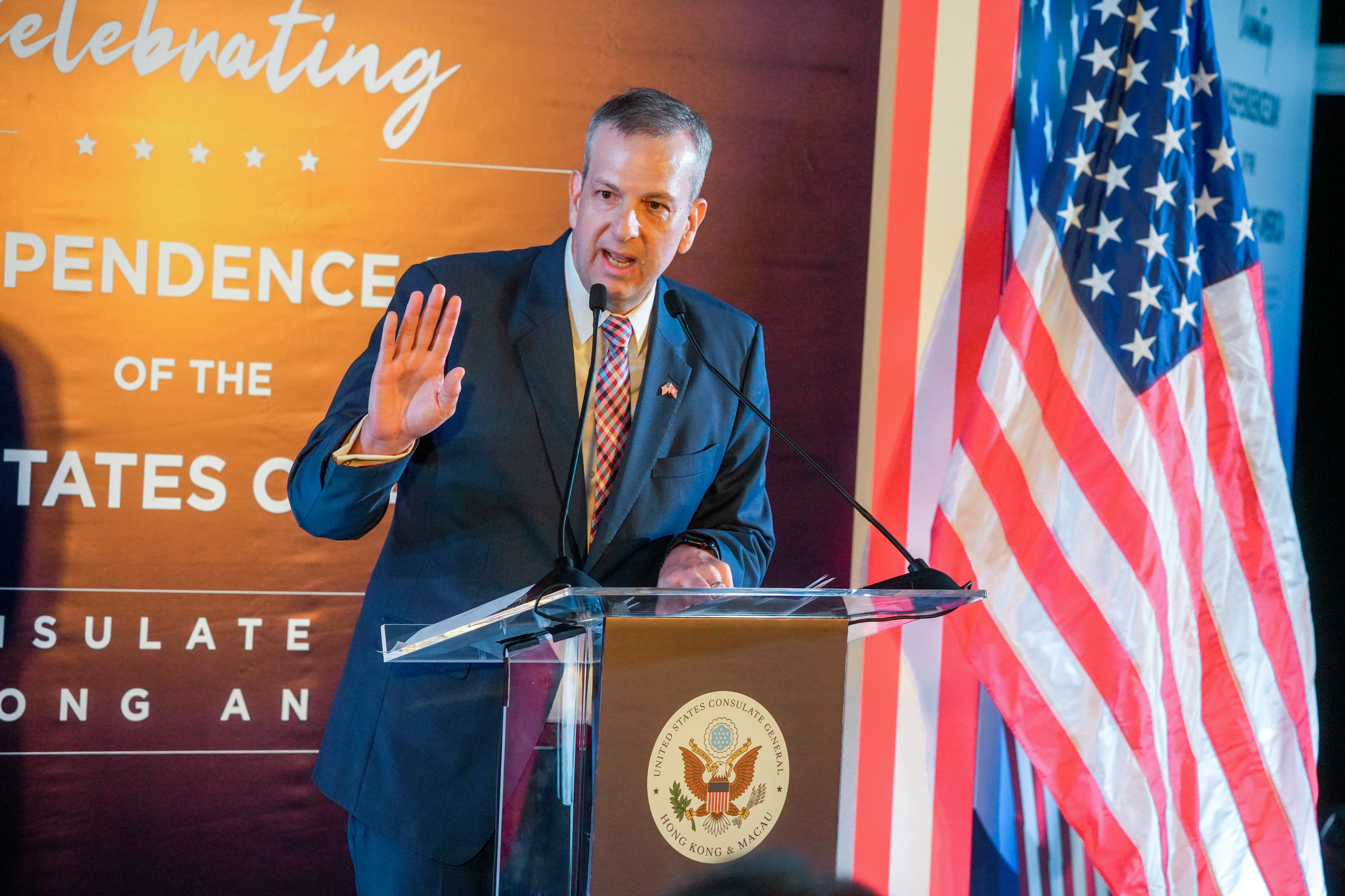 US diplomat Gregory May speaks at a reception held to celebrate America’s Independence Day in June. “It is important, I think, that Americans who come here realise that you need to be careful what you say,” he said recently. Photo: Sun Yeung