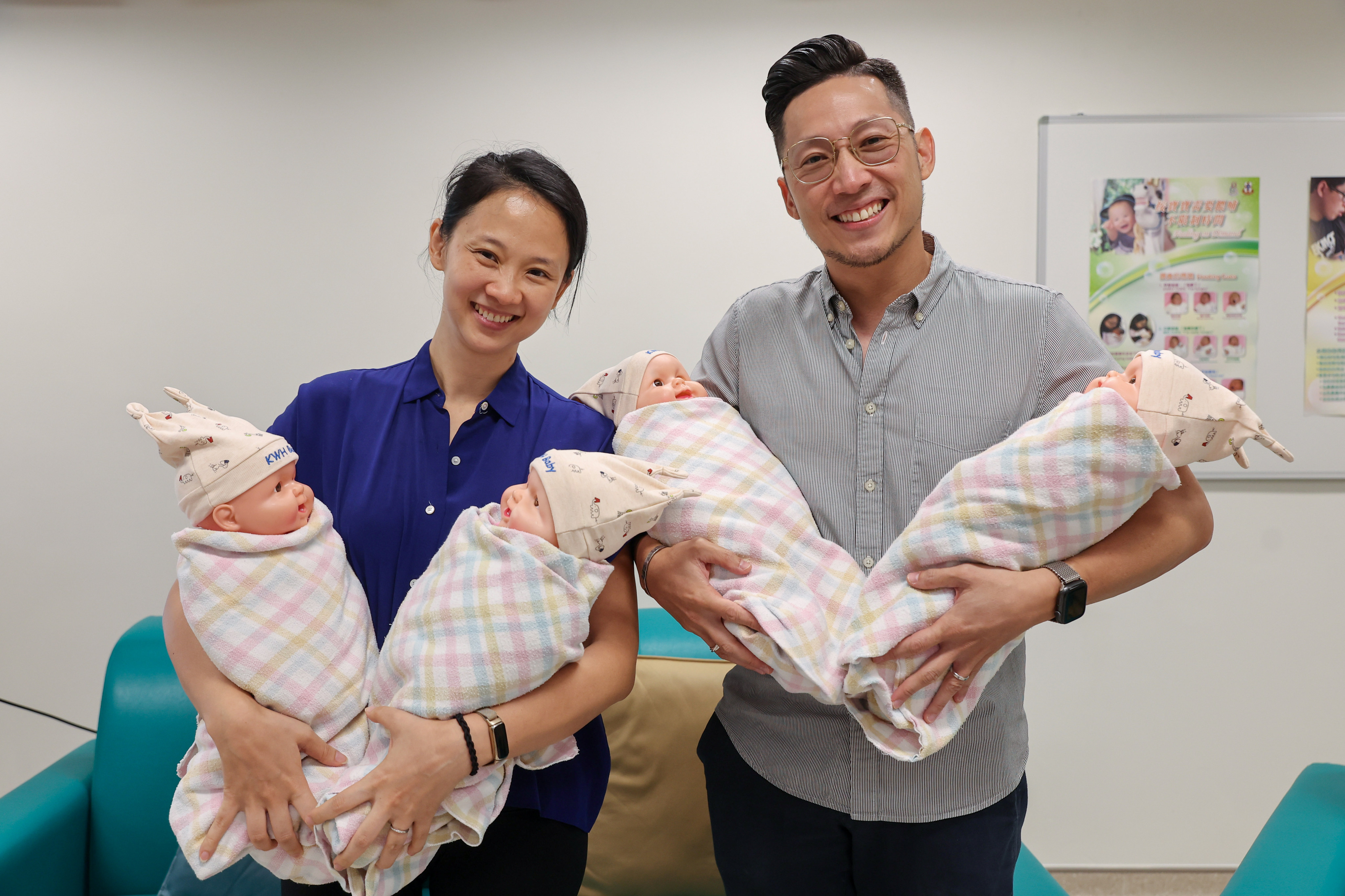 Juliana Young (left) and husband Jason Young attend a press conference on World Breastfeeding Week 2024 at Kwong Wah Hospital. Photo: Edmond So