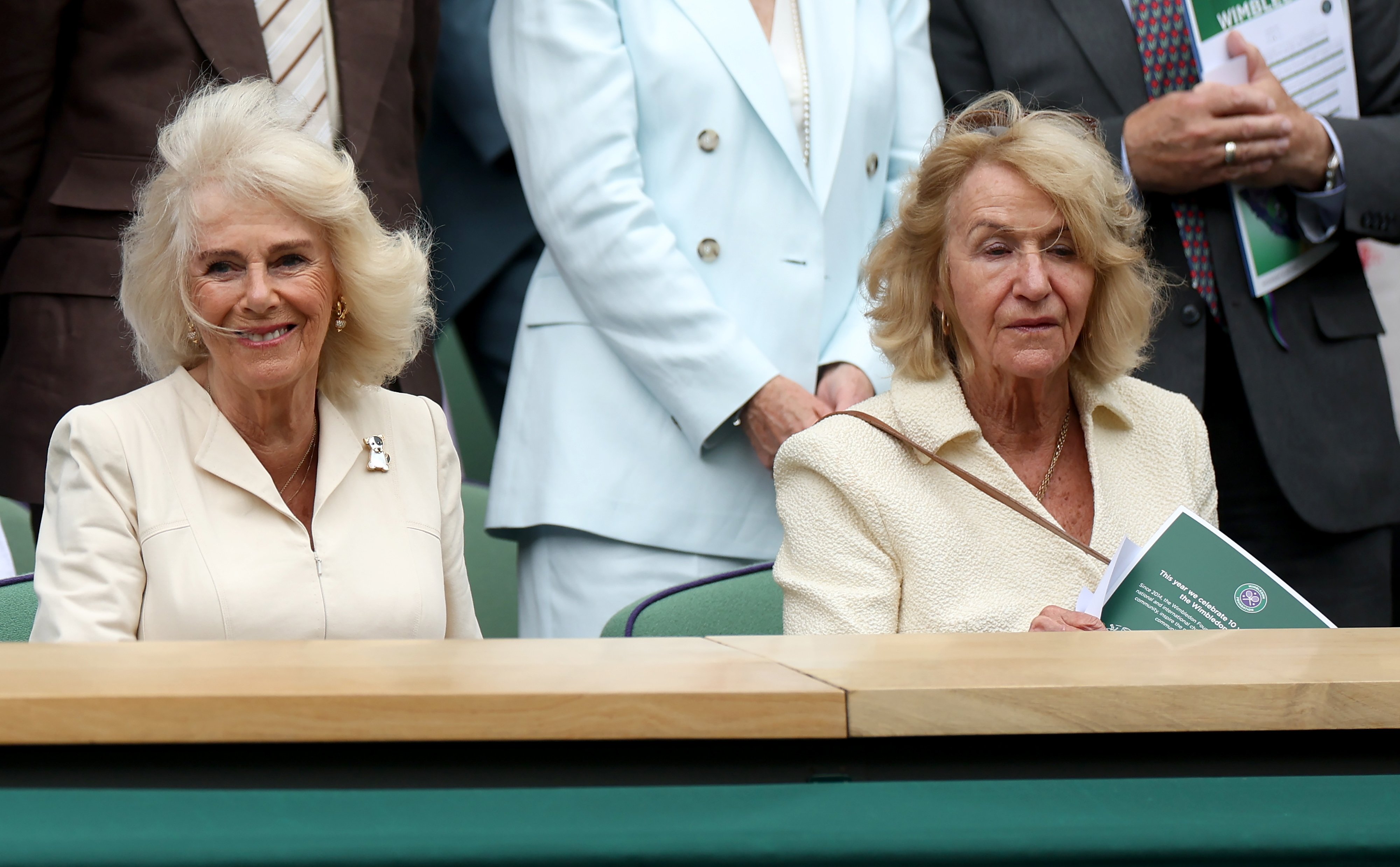 Annabel Elliot with her sister, Queen Camilla, in the Royal Box at Wimbledon, in July. Photo: EPA