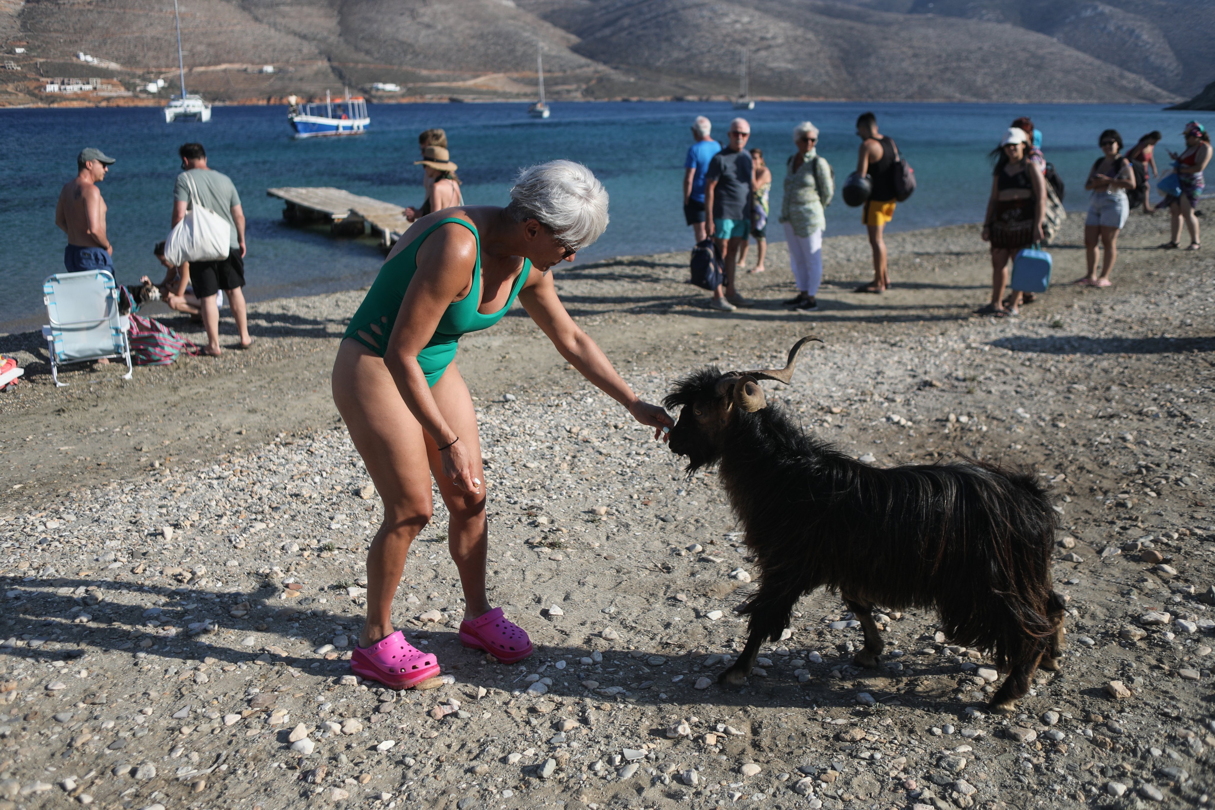 A woman pets a goat at a beach on Amorgos island in Greece. Photo: EPA-EFE