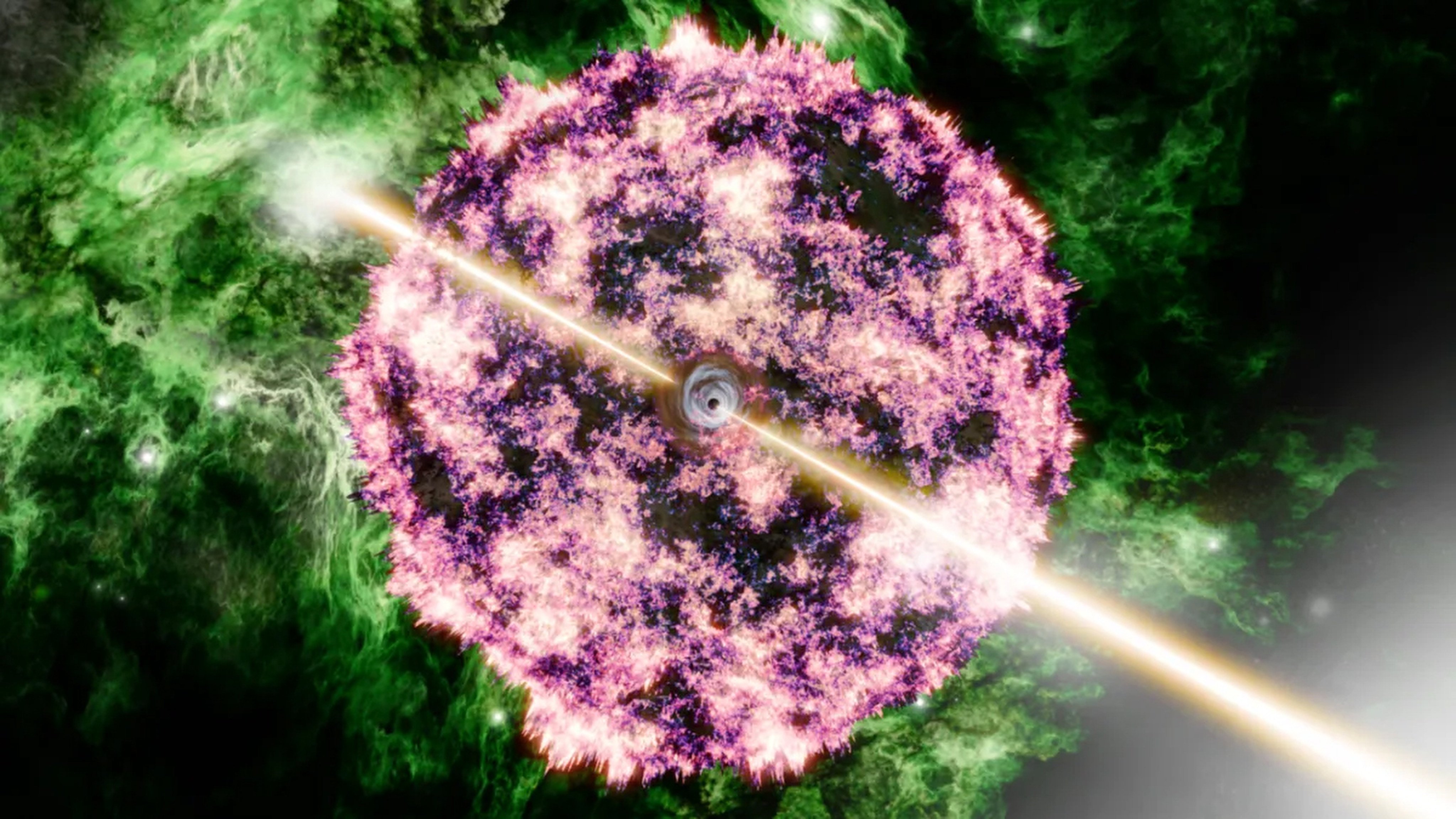 An illustration of the supernova that launched the BOAT. Scientists identified a spectral line with energy levels peaking at 37 million electron volts (MeV) during an exceptionally powerful gamma-ray burst. Photo: Aaron M. Geller/Northwestern/ CIERA/IT Research Computing and Data Services