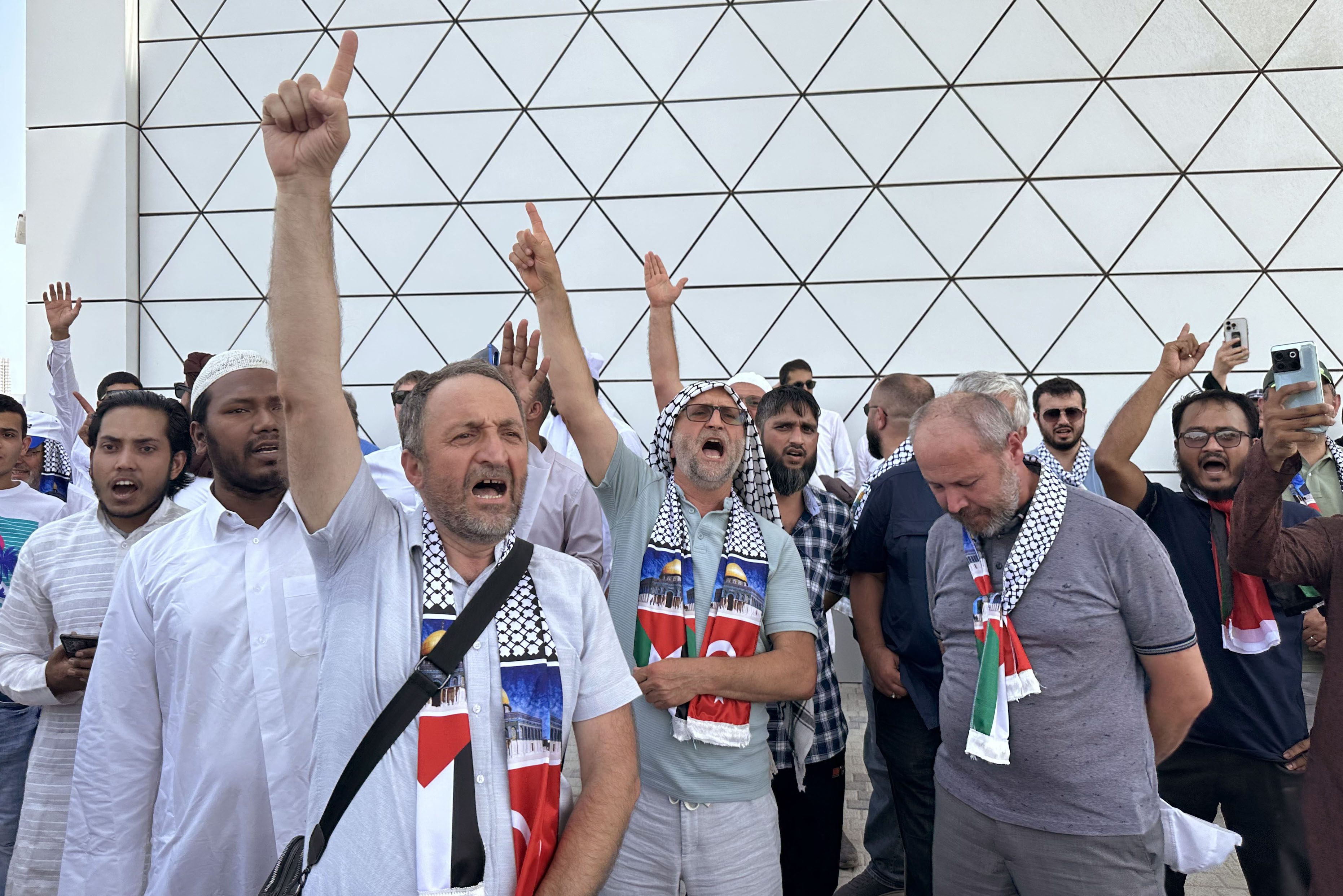 Mourners shout slogans in the grounds close to the Imam Muhammad bin Abdul Wahhab mosque during the final prayers for Ismail Haniyeh during his funeral in the Qatari capital Doha. Photo: AFP