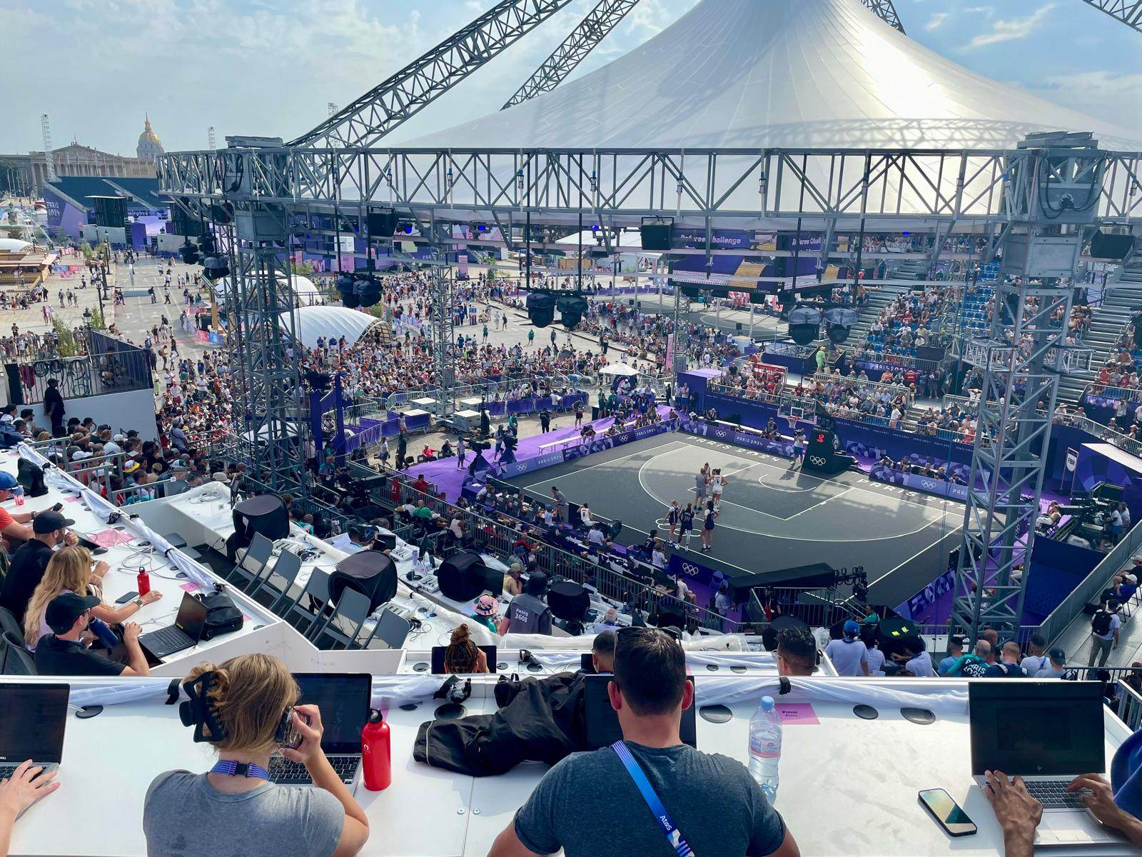 The view from the press box for 3x3 basketball at the Paris Olympics is magnificent. Photo: Mike Chan