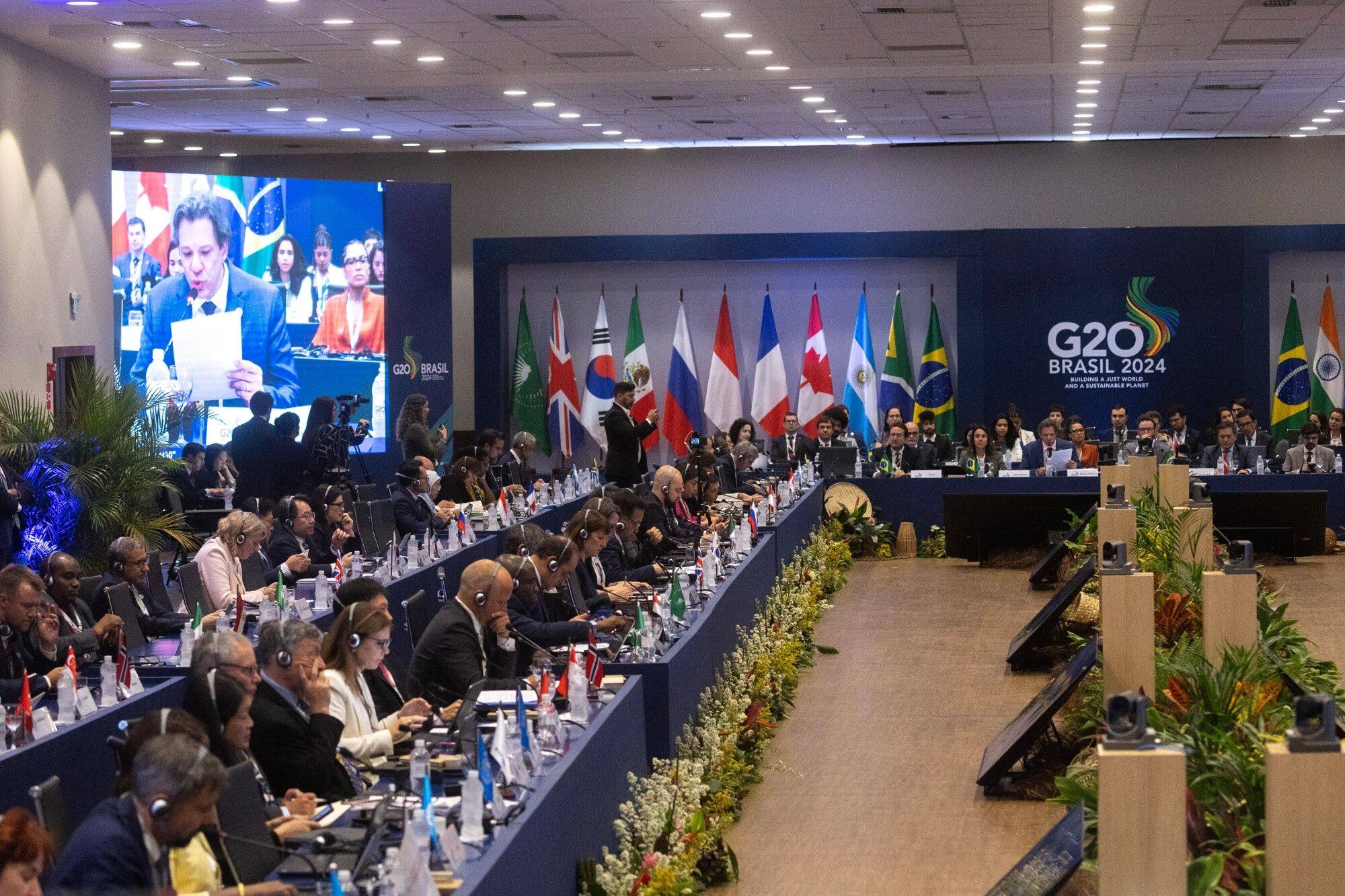 Delegates at the plenary of the Group of 20 finance ministers and central bank governors meeting in Rio de Janeiro, Brazil, on July 25. The world’s leading finance chiefs are discussing a plan to create a global tax on billionaires, a proposal that has met with resistance from developed economies. Photo: Bloomberg