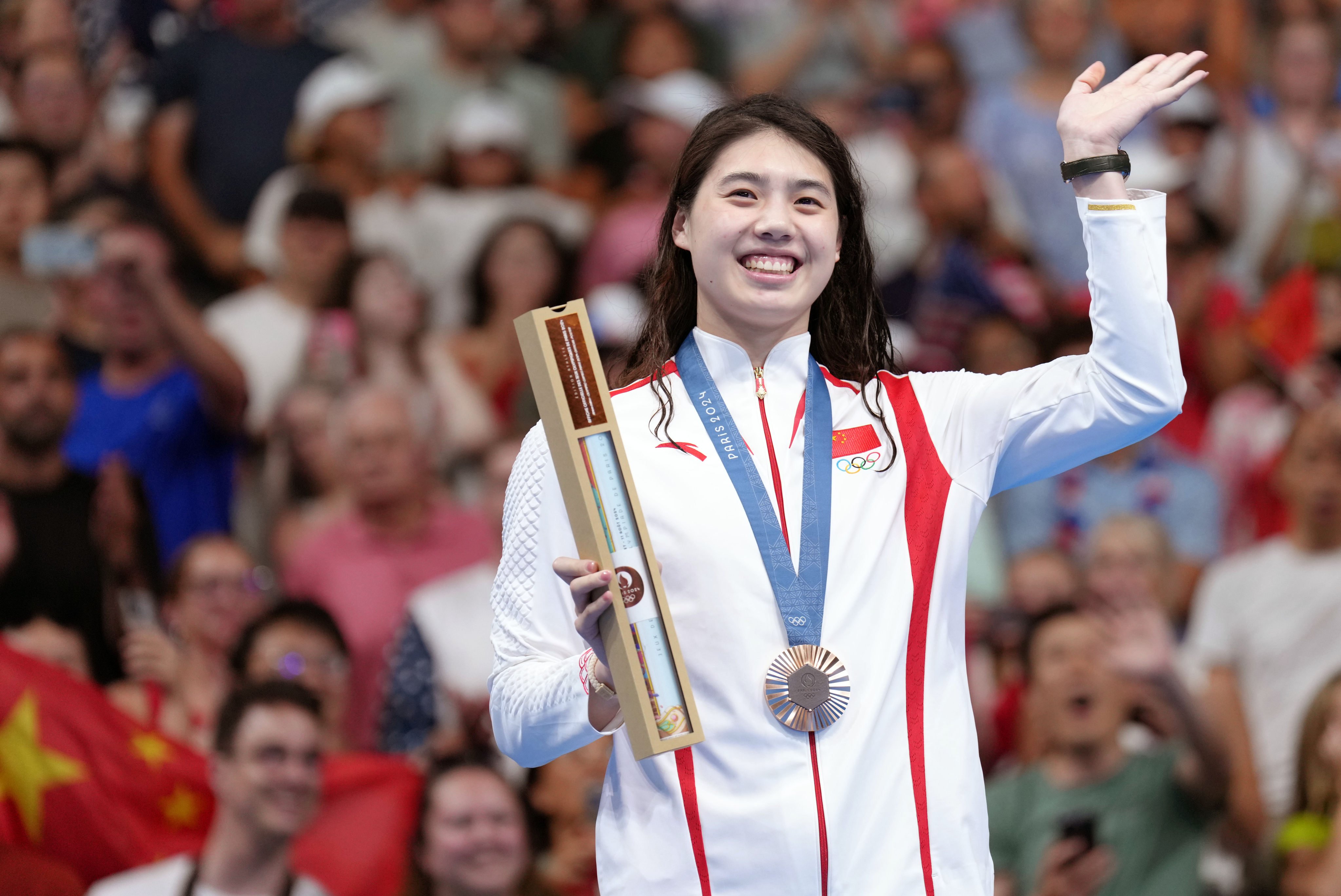 Zhang Yufei on the podium for the third time at the Paris Games on Thursday. Photo: Xinhua