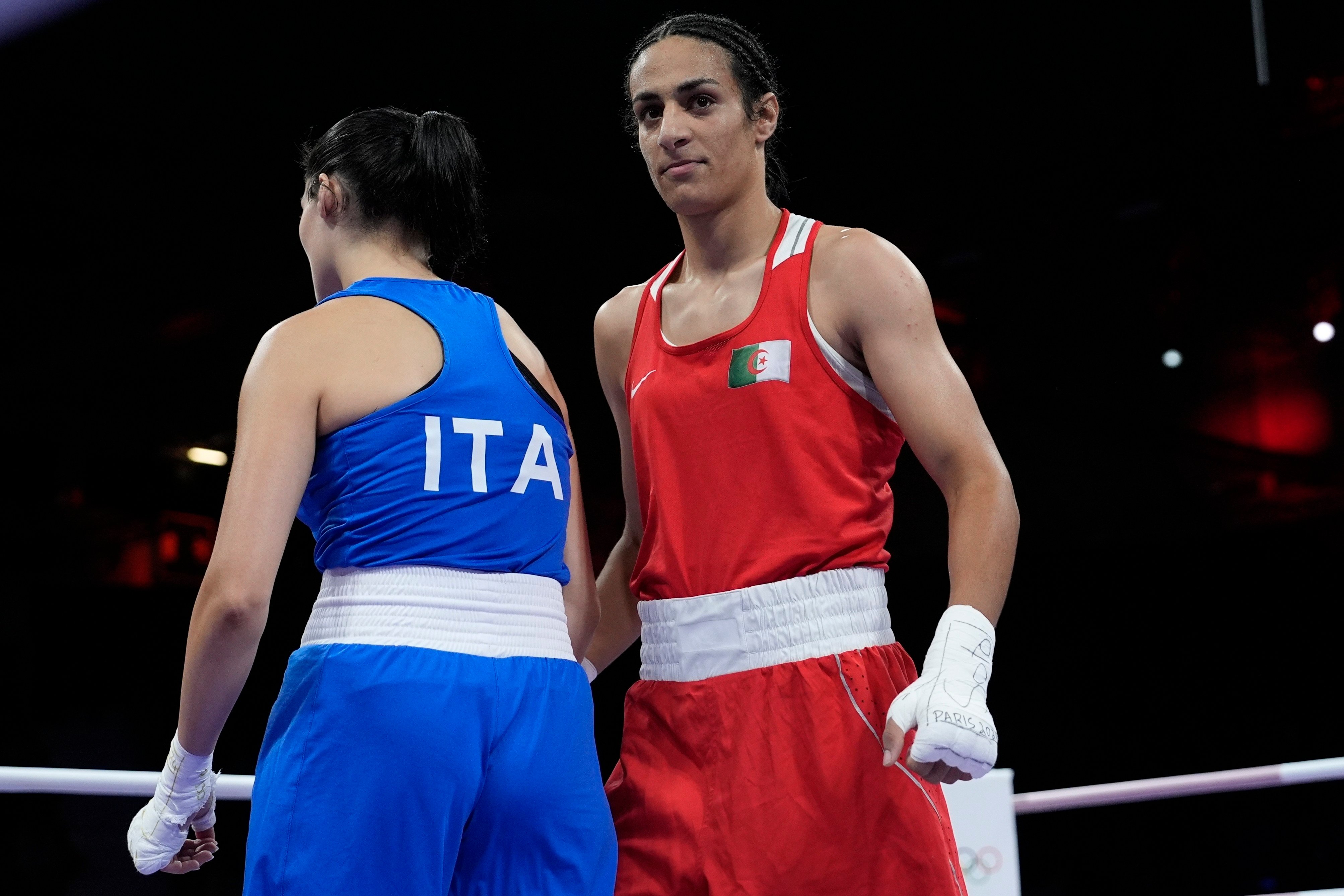 Algeria’s Imane Khelif (right) after her victory over Angela Carini (left), which sparked more anger in Italy. Photo: AP