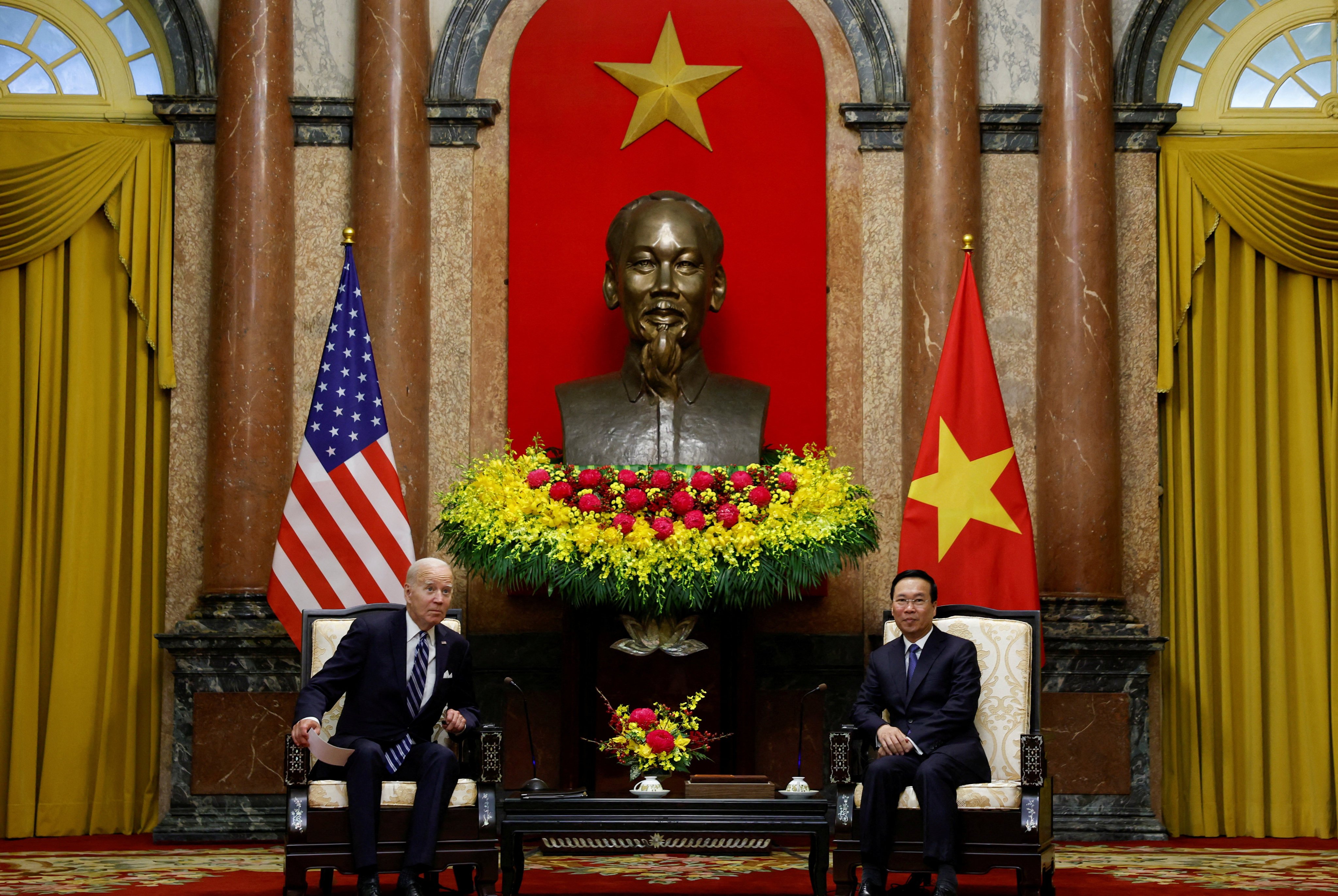 US President Joe Biden with Vietnamese President Vo Van Thuong in Hanoi on September 11, 2023. Shortly before Biden’s trip, Vietnam asked the US to drop its designation as a non-market economy.  Photo: Reuters 