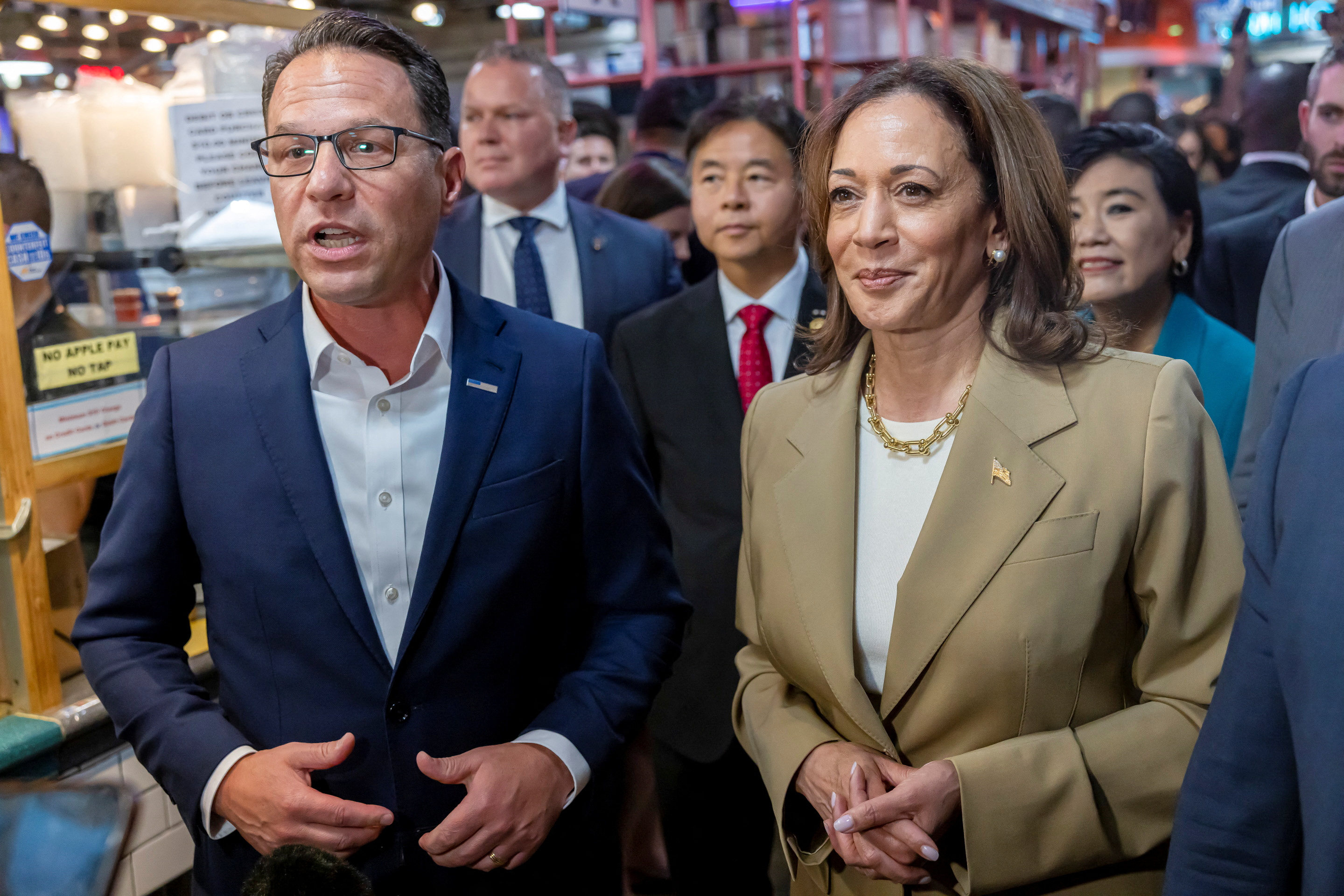 US Vice-President Kamala Harris and Pennsylvania Governor Josh Shapiro in Philadelphia on July 13. Harris has faced critique from key supporters of her party for her possible running mates’ records. Photo: Reuters