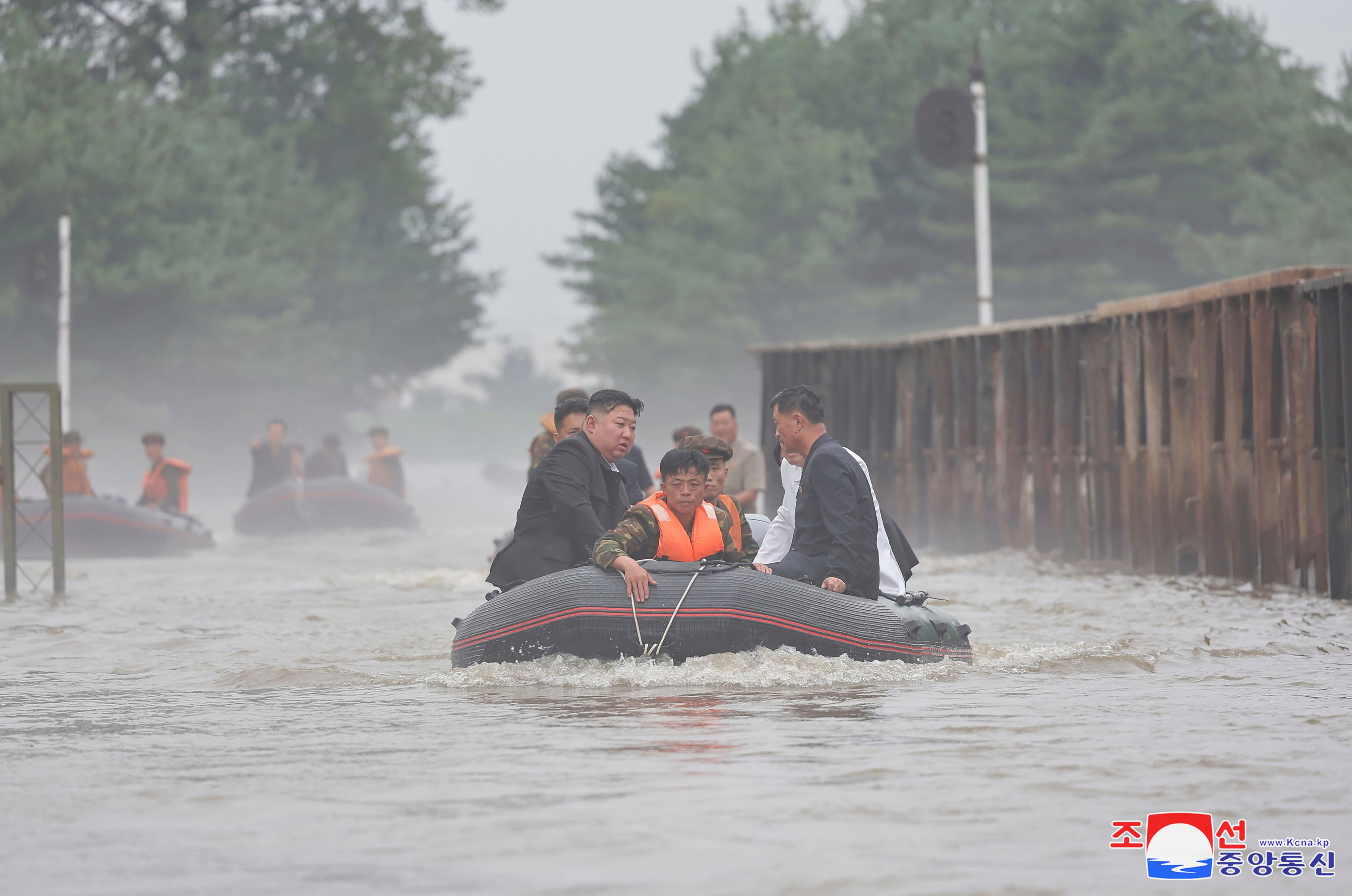 North Korean leader Kim Jong-un inspects a flood-hit area in Sinuiju city, North Phyongan province, North Korea on July 29. Photo: KCNA/KNS/AP