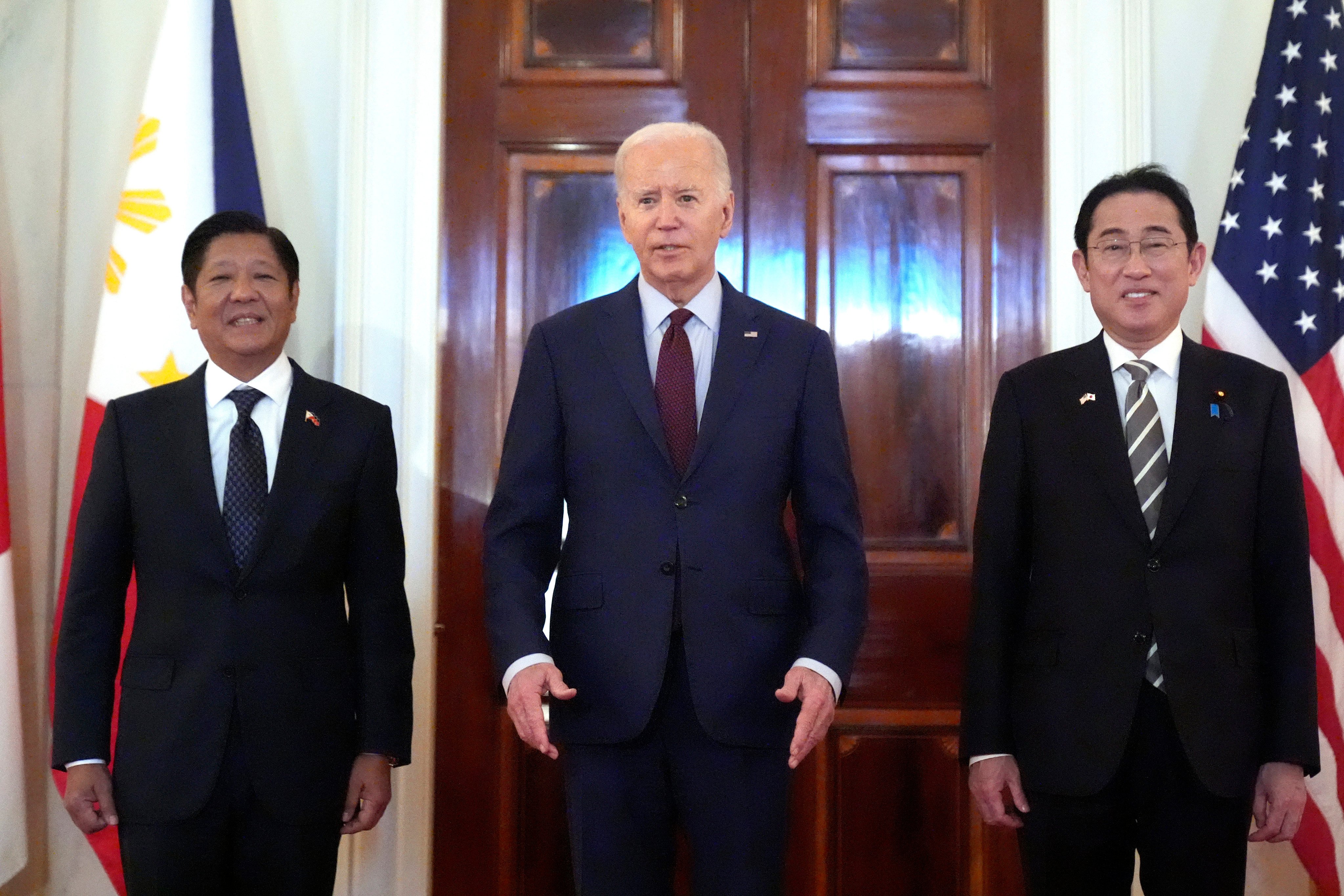 Philippine President Ferdinand Marcos Jnr, US President Joe Biden and Japanese PM Fumio Kishida pose in the White House in Washington on April 11. Photo: AP