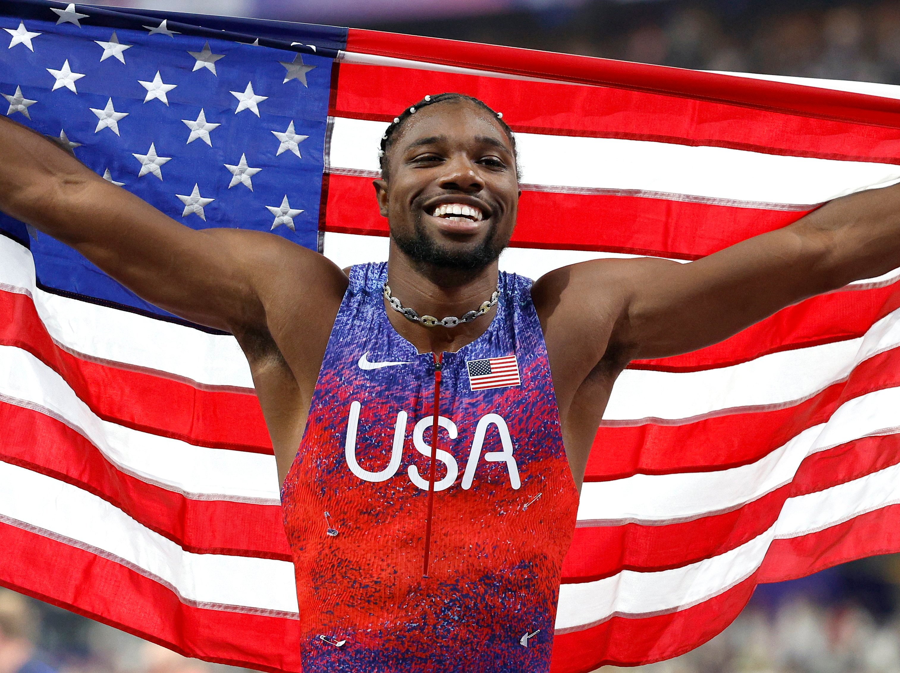 Noah Lyles of the United States celebrates winning the men’s 100m final in Paris. Photo: EPA-EFE