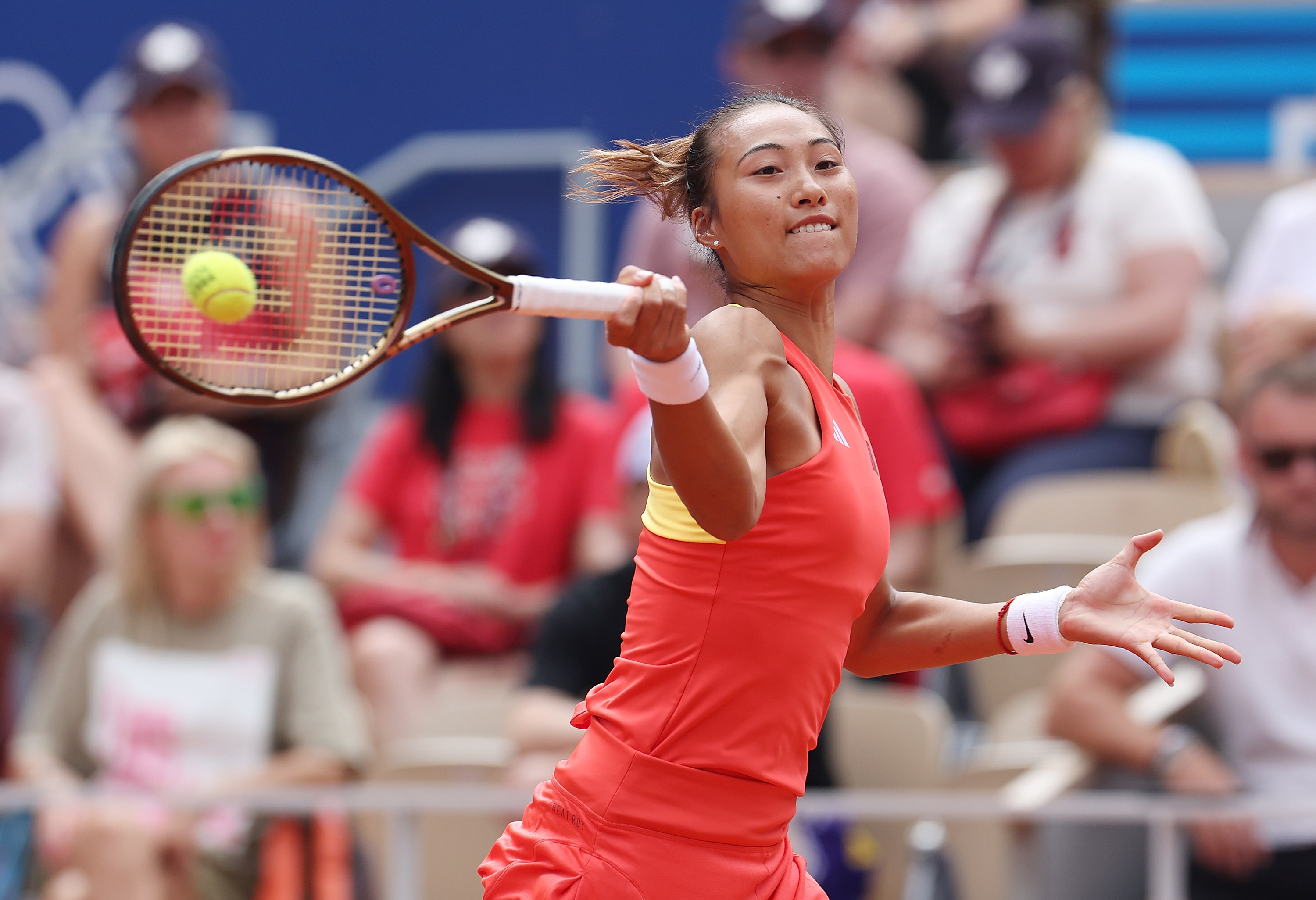 Zheng Qinwen competes during the women’s singles gold medal match of tennis at the Paris Olympics. Photo: Xinhua