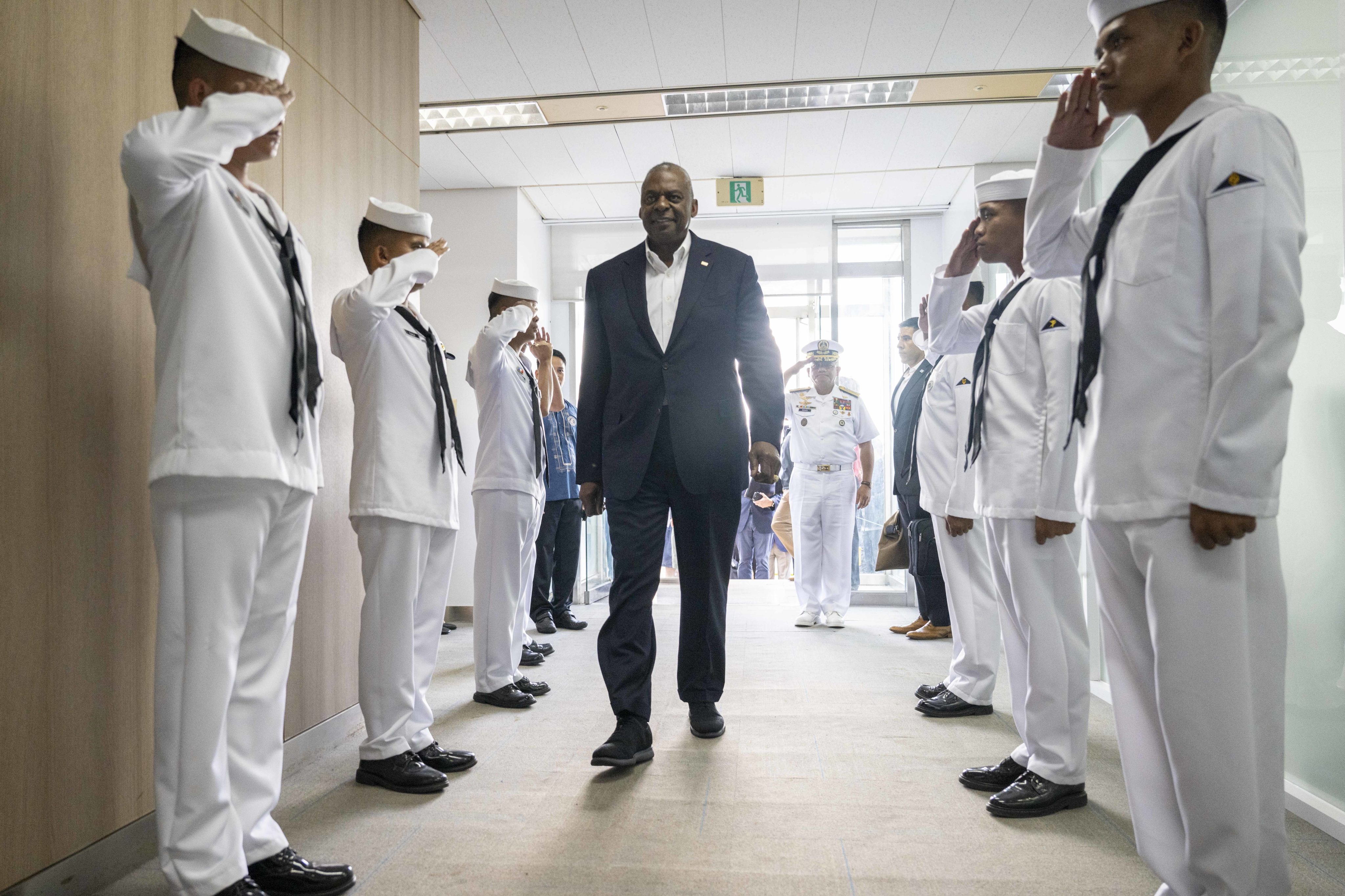 Secretary of Defence Lloyd J. Austin III arrives at the Philippine Navy Headquarters to visit Flag Officer-in-Command Vice Adm. Toribio Adaci Jr. as part of his visit to Subic Bay on July 31. Photo: US Department of Defence