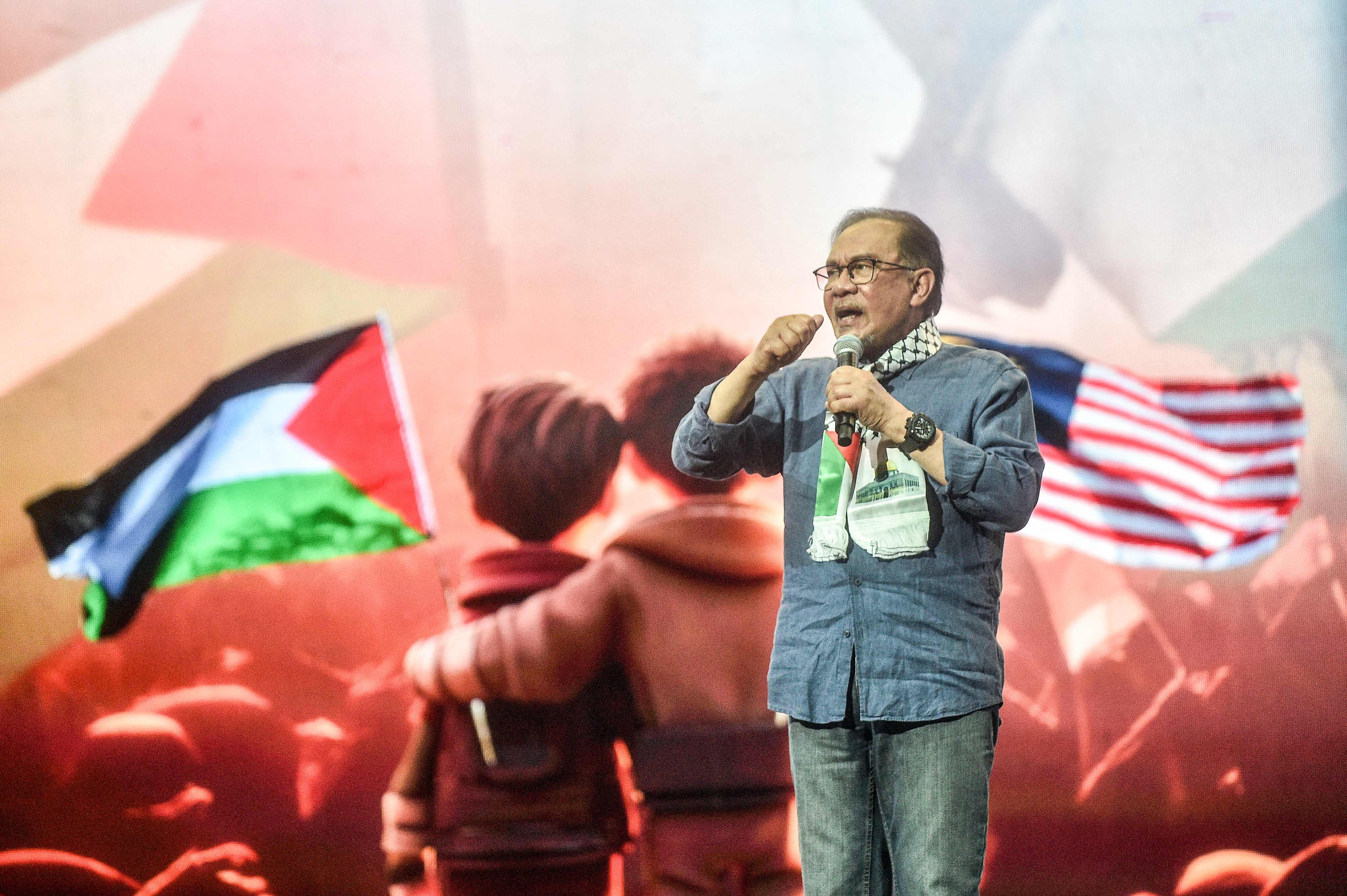 Malaysia’s Prime Minister Anwar Ibrahim delivers a speech during a pro-Palestinian rally in Kuala Lumpur earlier this month. Photo: AFP