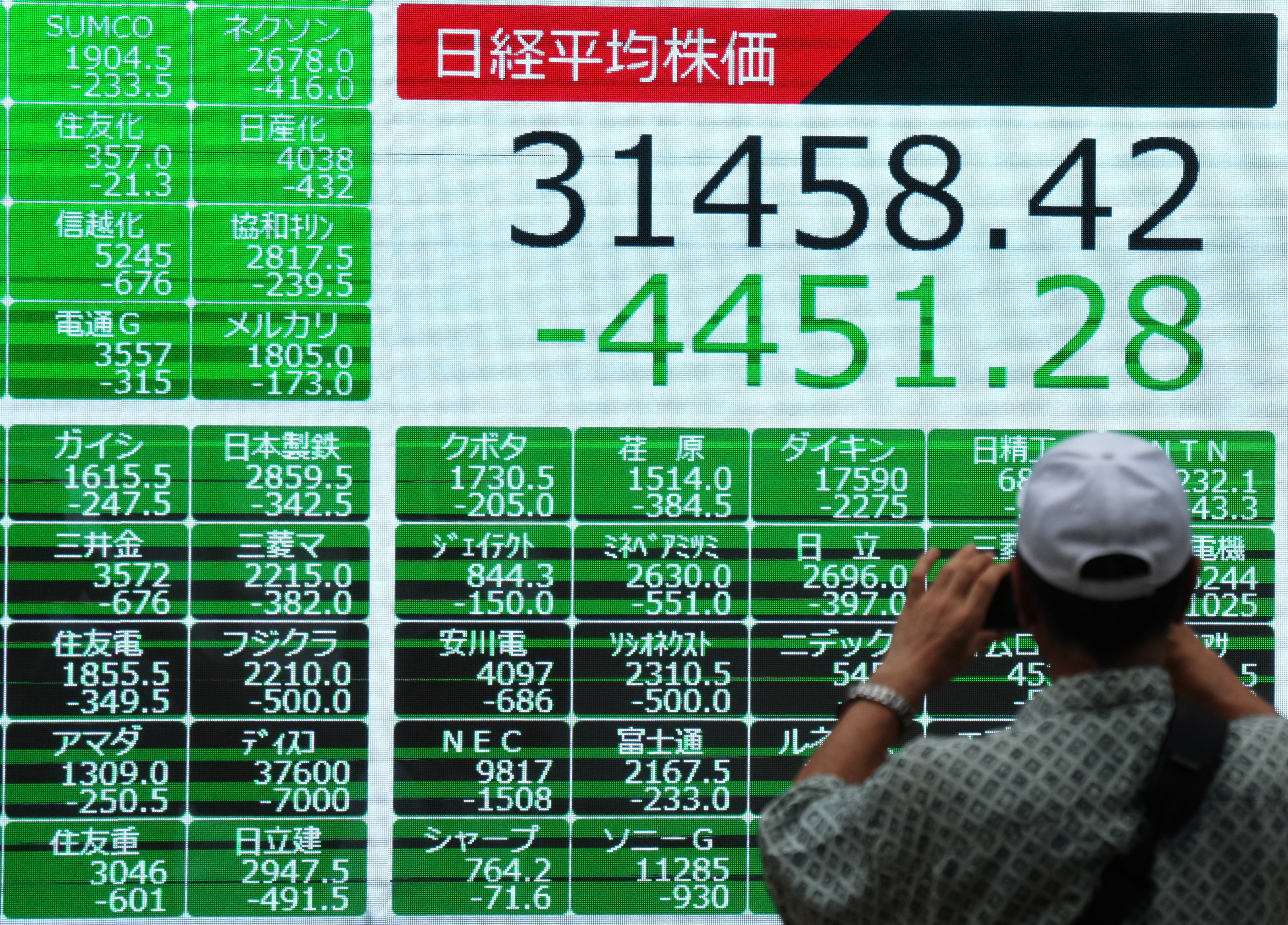 A pedestrian takes a photo of a display showing the closing information of the Nikkei Stock Average marking the biggest loss in history in Tokyo. Photo: EPA-EFE