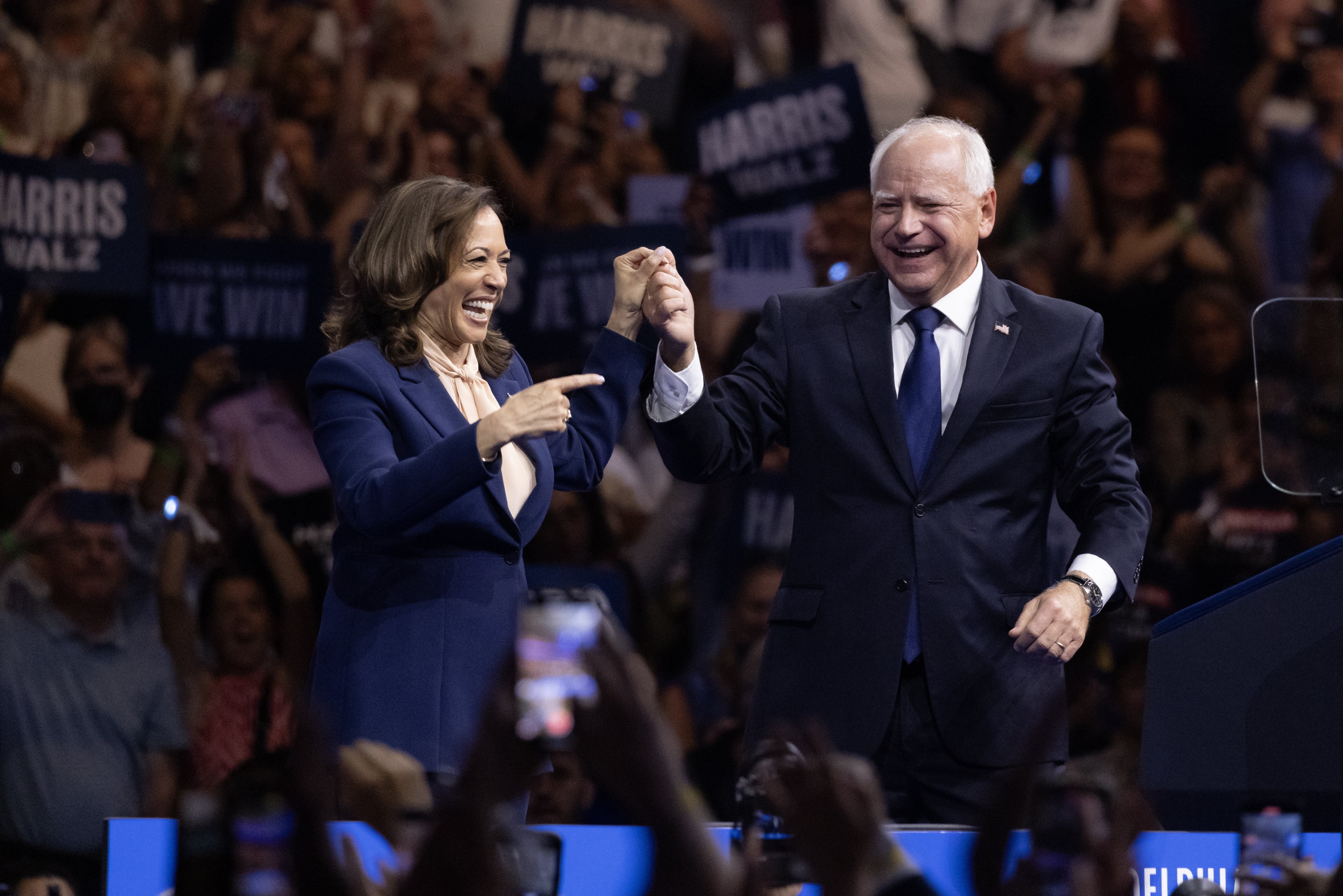 Democratic presidential candidate US Vice President Kamala Harris holds a campaign rally with her new running mate Democratic vice presidential candidate Minnesota Governor Tim Walz at the Liacouras Center at Temple University in Philadelphia. Photo:  EPA-EFE