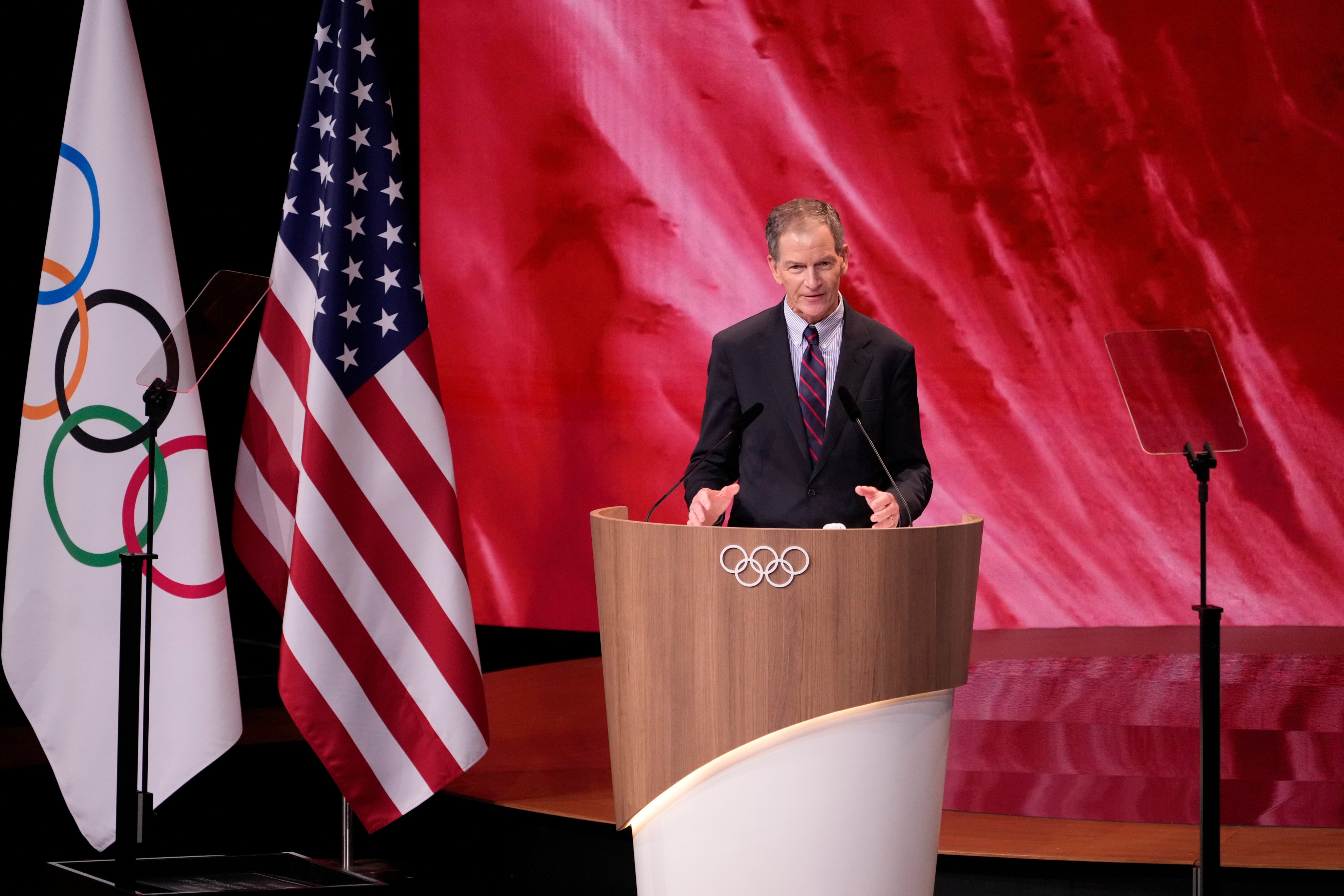 Gene Sykes, president of the US Olympic and Paralympic committee, presents Salt Lake City’s bid to host the 2034 Winter Games during a meeting in Paris on July 24. Photo: AP