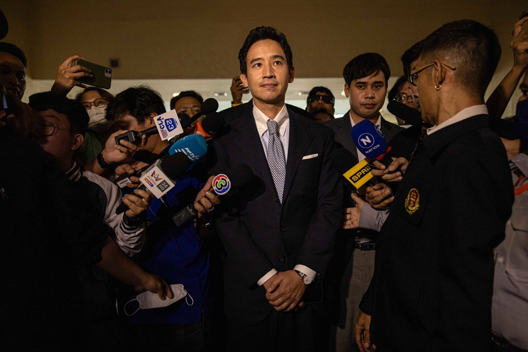 Pita Limjaroenrat, leader of the Move Forward Party, centre, outside the Constitutional Court in Bangkok, Thailand on August 7. Photo: Bloomberg