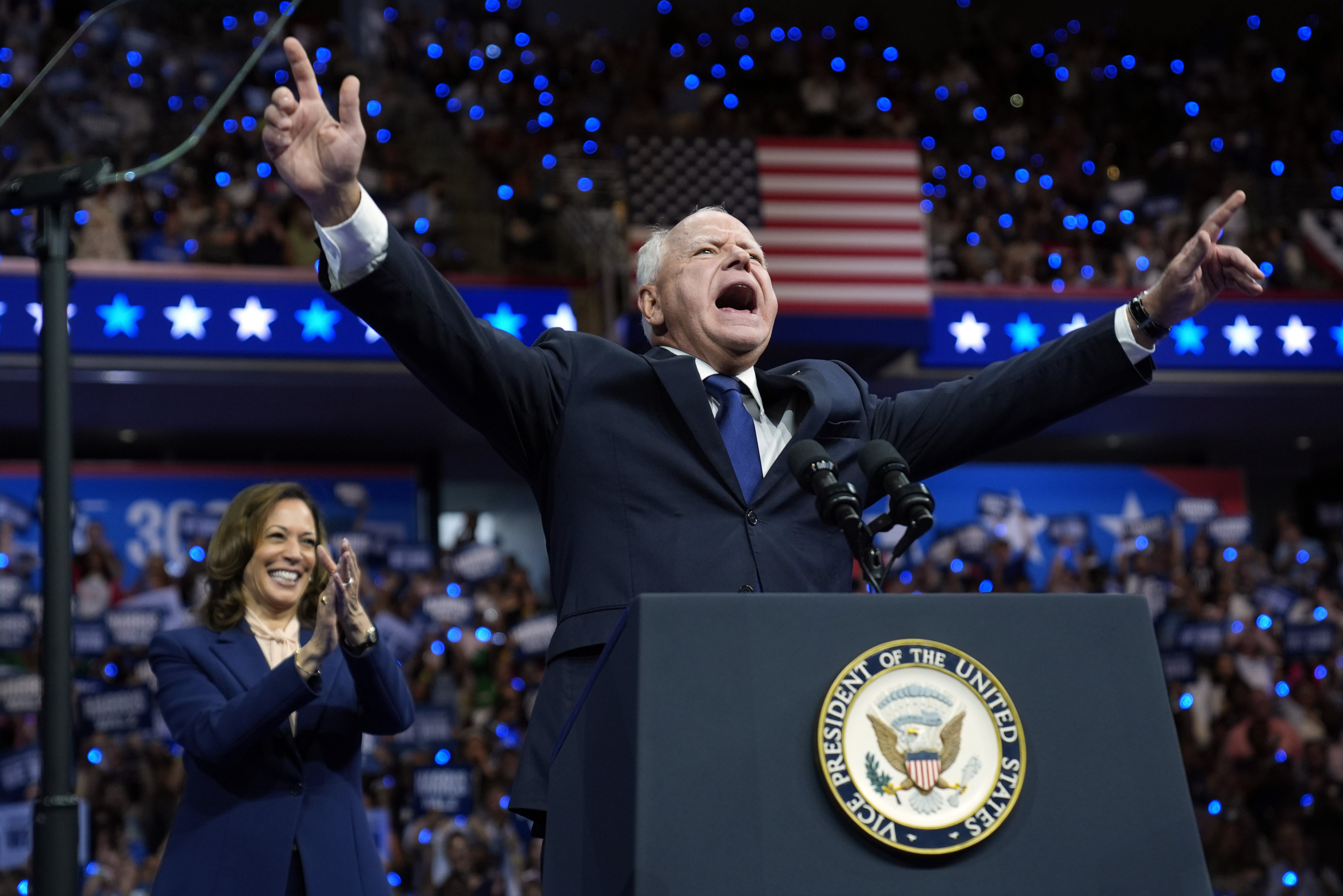 Democratic vice-presidential nominee. Minnesota Governor Tim Walz at a campaign rally in Philadelphia on Tuesday. Photo: AP