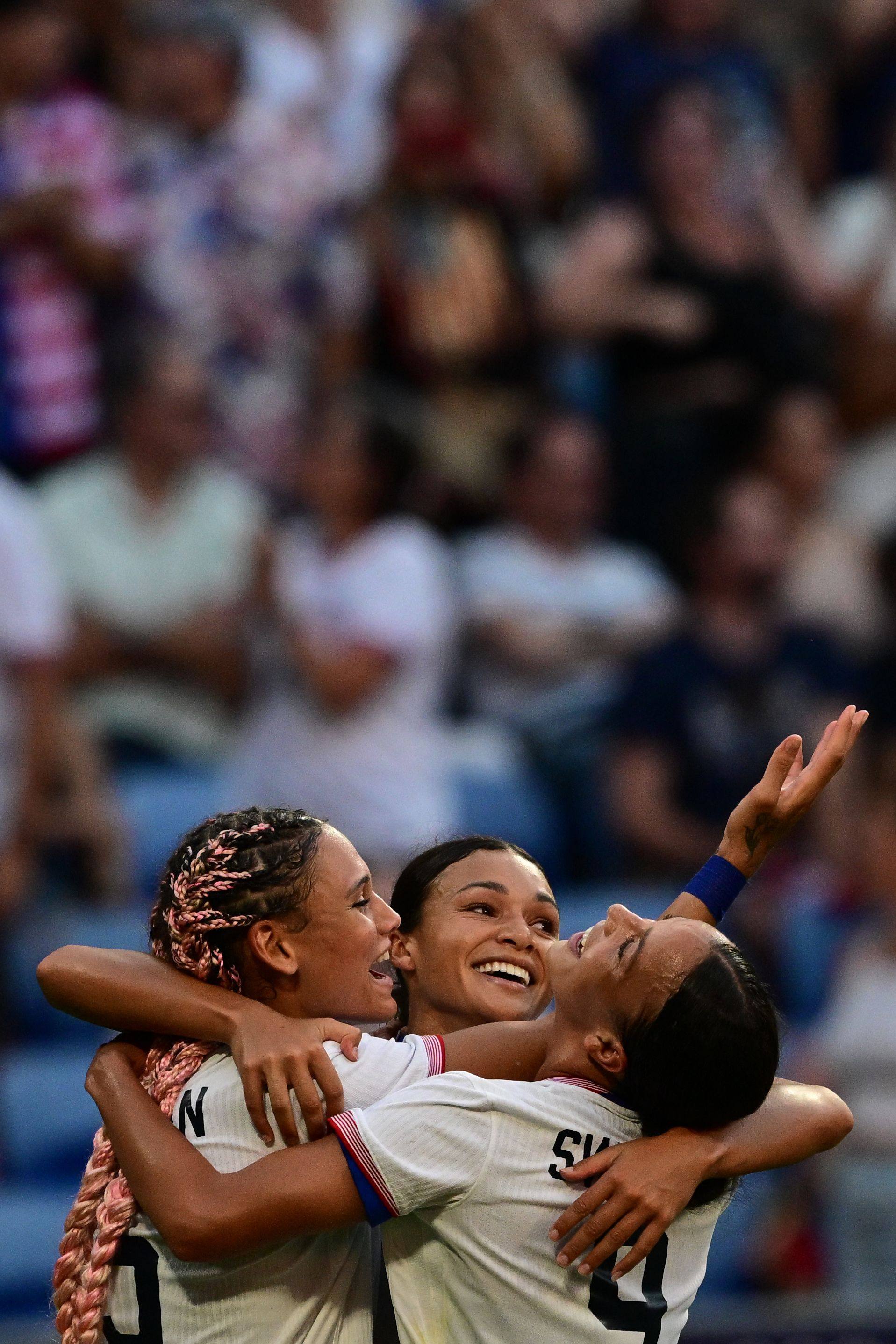 The USA strike force of (from left) Trinity Rodman, Sophia Smith and Mallory Swanson, dubbed ‘Triple Trouble’, make them favourites against Brazil. Photo: AFP