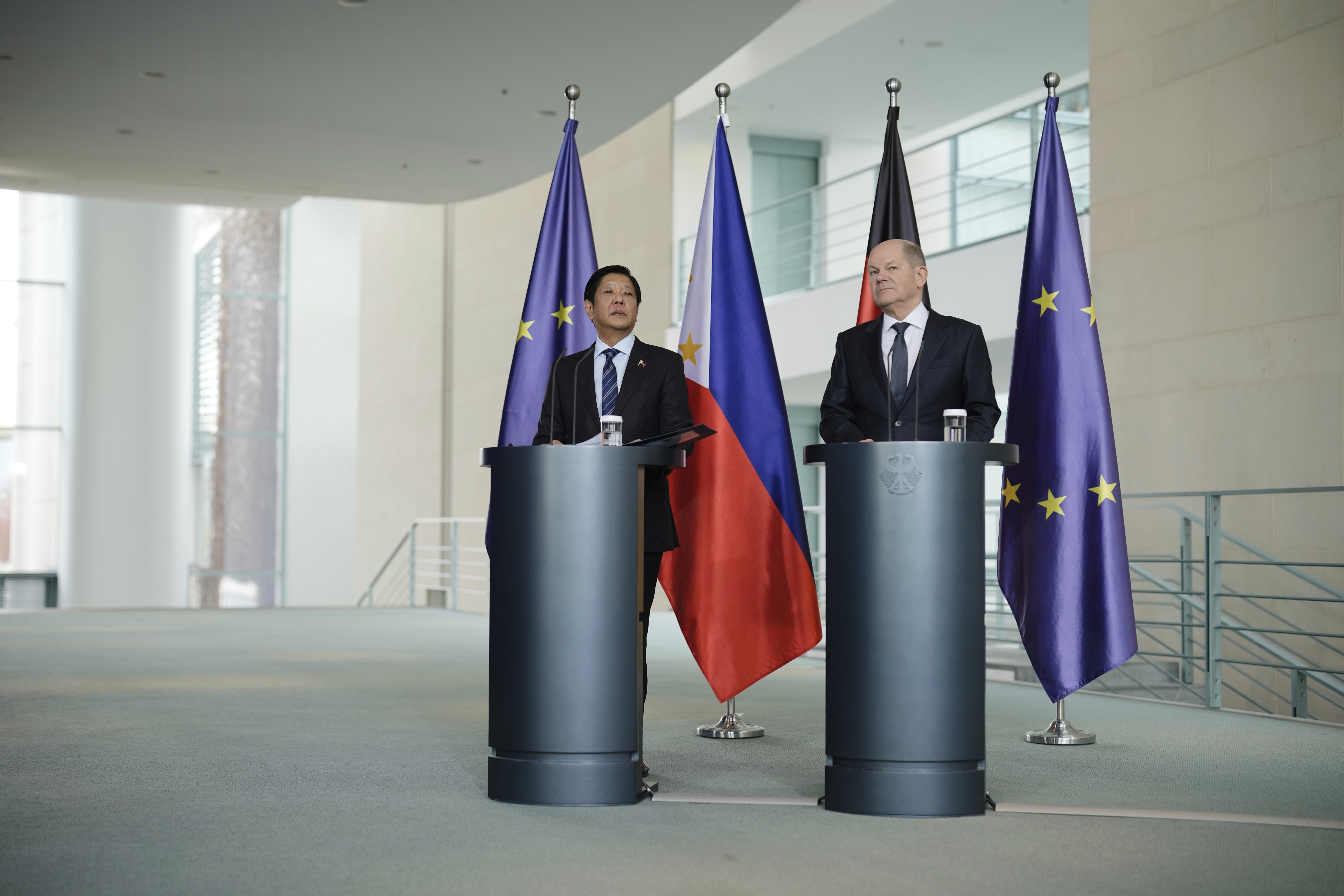 German Chancellor Olaf Scholz (right) and Philippine President Ferdinand Marcos Jnr brief the media after a meeting at the chancellery in Berlin on March 12, 2024. File photo: AP