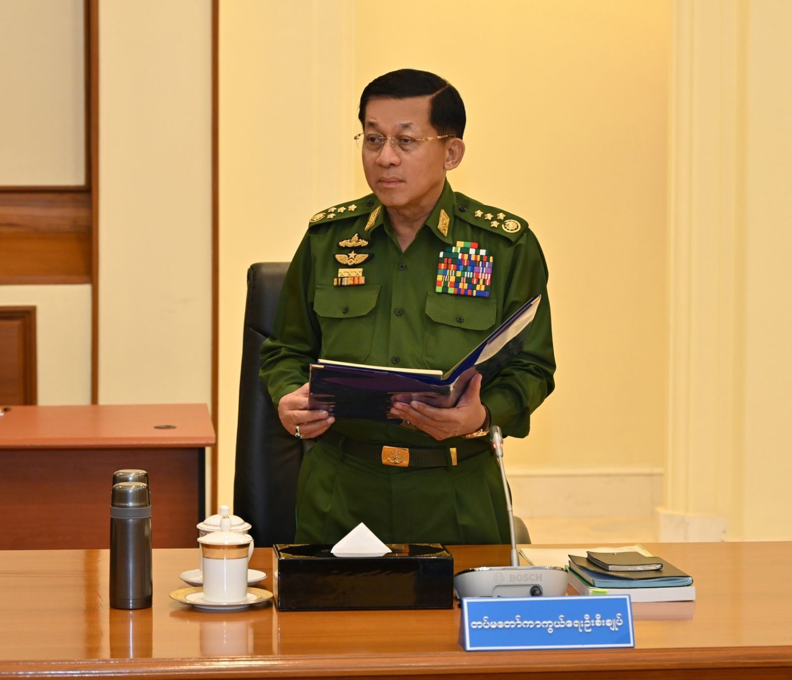 Myanmar’s Chairman of the State Administration Council (SAC) Senior General Min Aung Hlaing at a meeting in Naypyidaw in January. Photo; Myanmar’s Ministry of Information/Handout via Xinhua