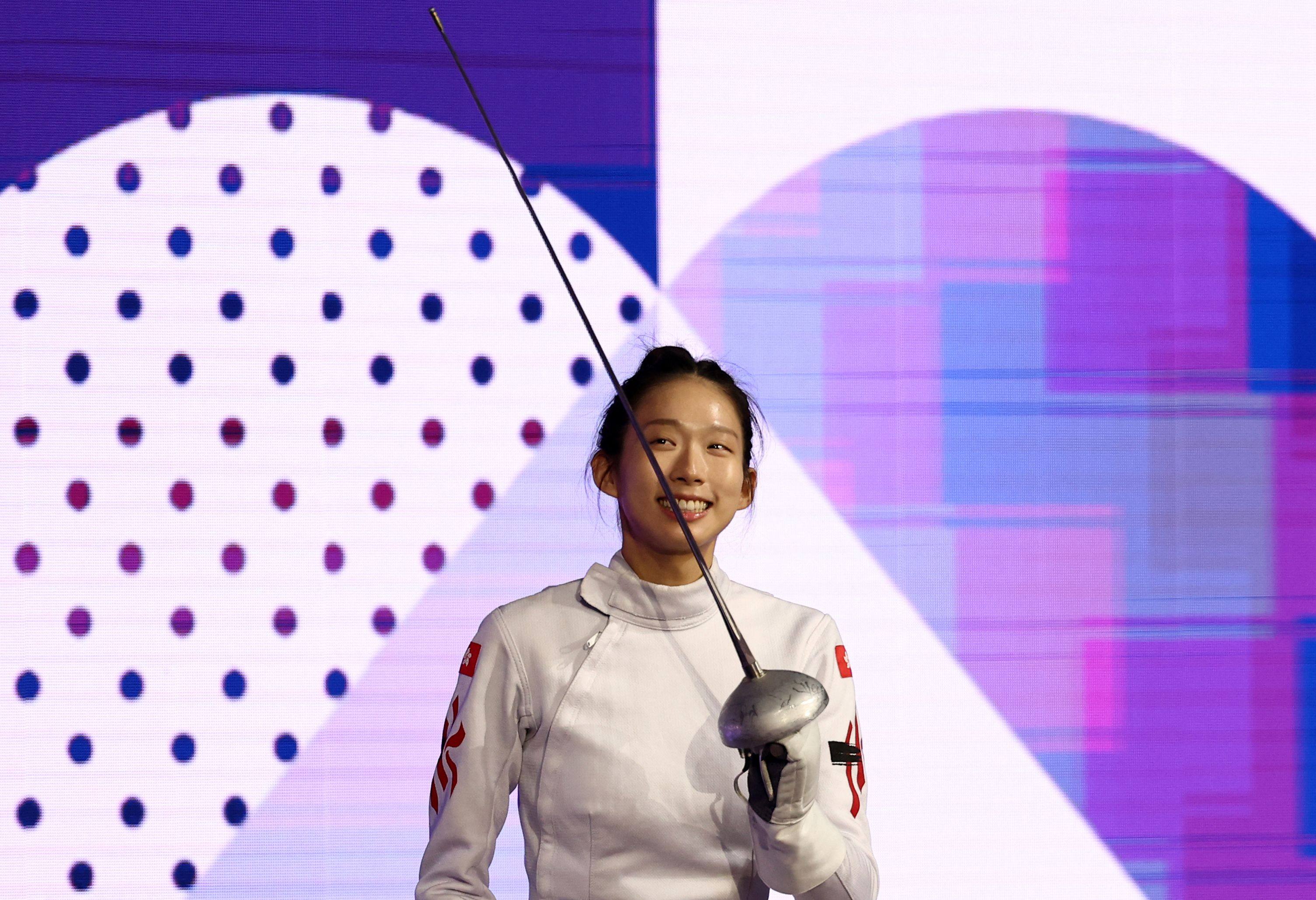 Vivian Kong arrives to compete in the women’s epee final during the Paris Olympics on July 27. Photo: AFP