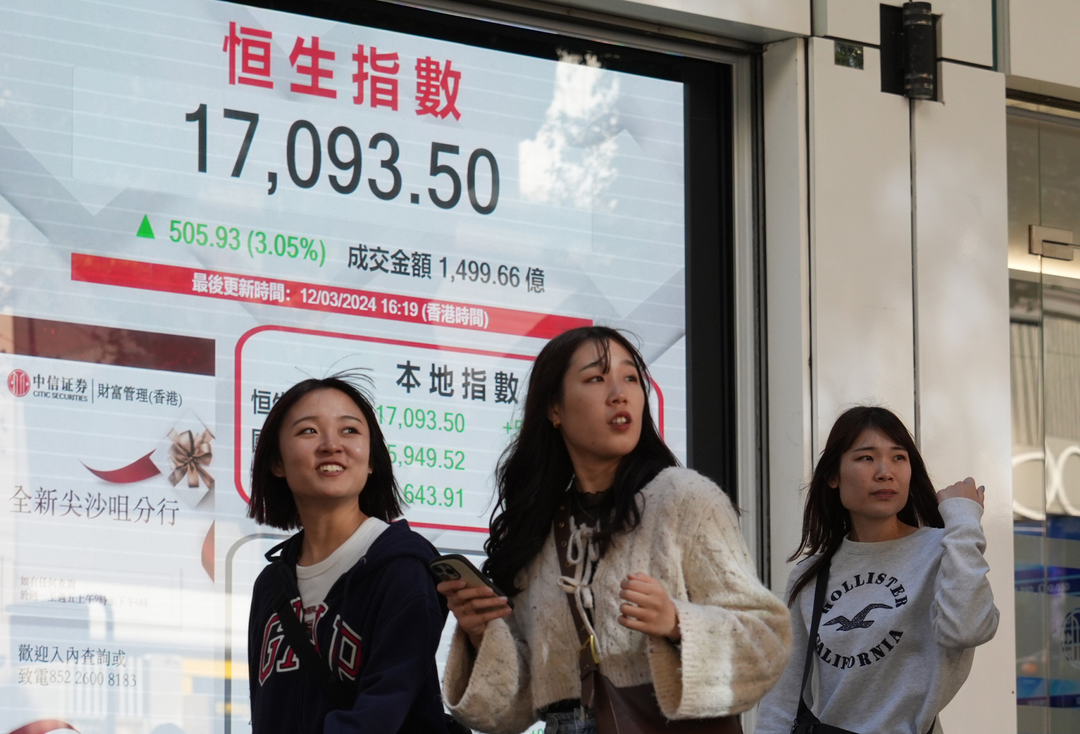 People walking past a stock screen outside a bank along the Jordan Walk in Hong Kong in March 2024. Photo: Eugene Lee