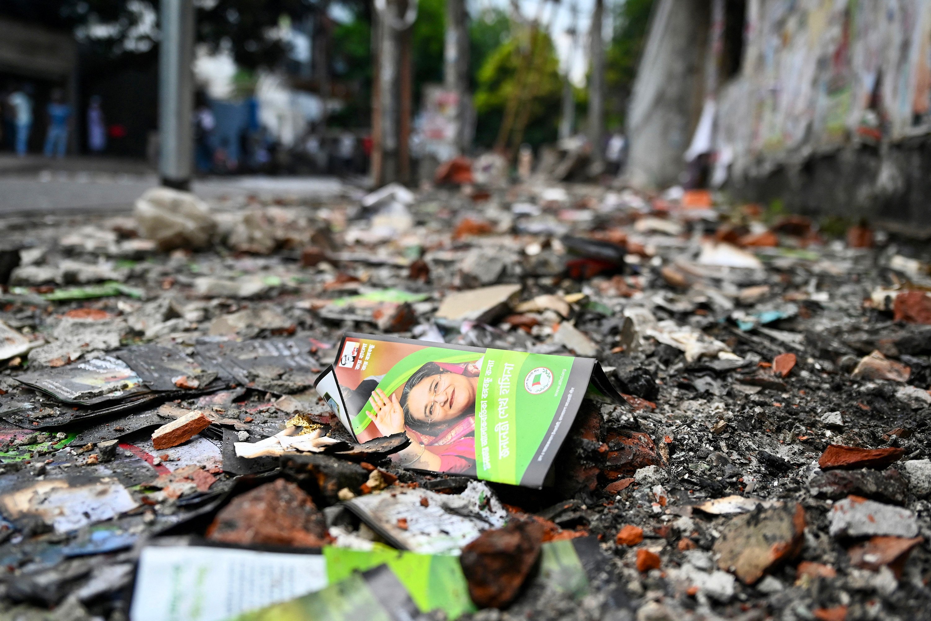 A burnt Awami League party office is pictured as anti-government protestors set fire in Dhaka on Tuesday, after former prime minister Sheikh Hasina fled the country. Photo: TNS