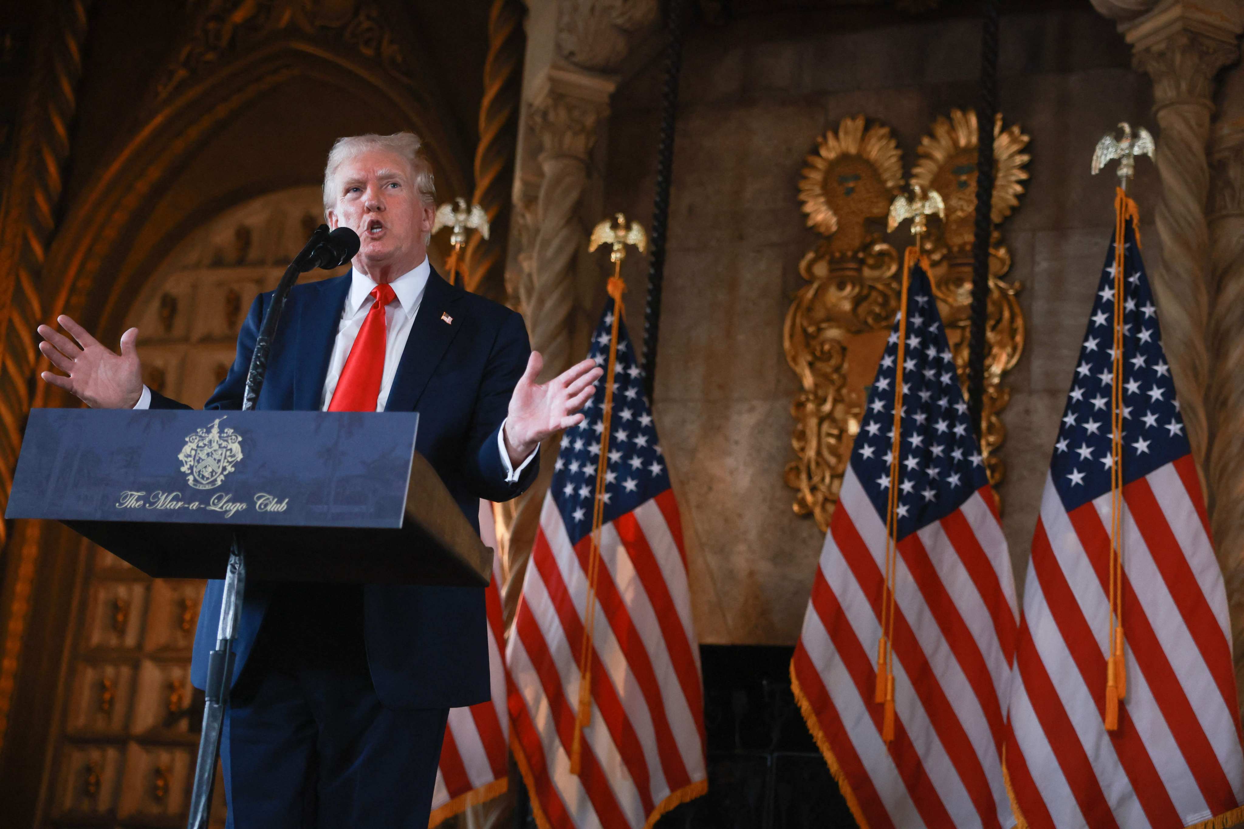 Former US president Donald Trump speaks during a press conference at his Mar-a-Lago estate in Palm Beach, Florida, on Thursday. Photo: Getty Images via AFP