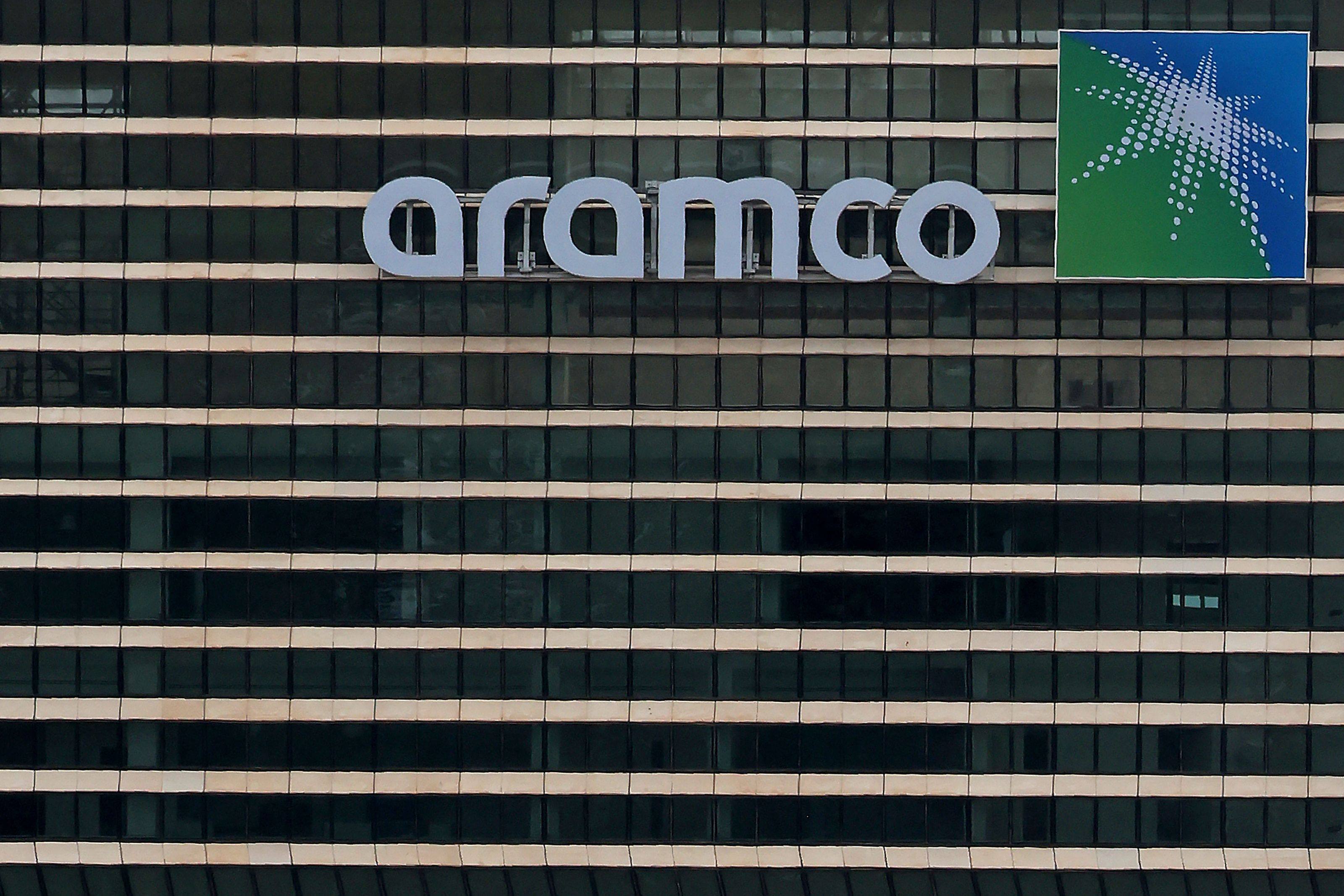 Aramco logo atop its office tower at the King Abdullah Financial District in Riyadh. Photo: AFP