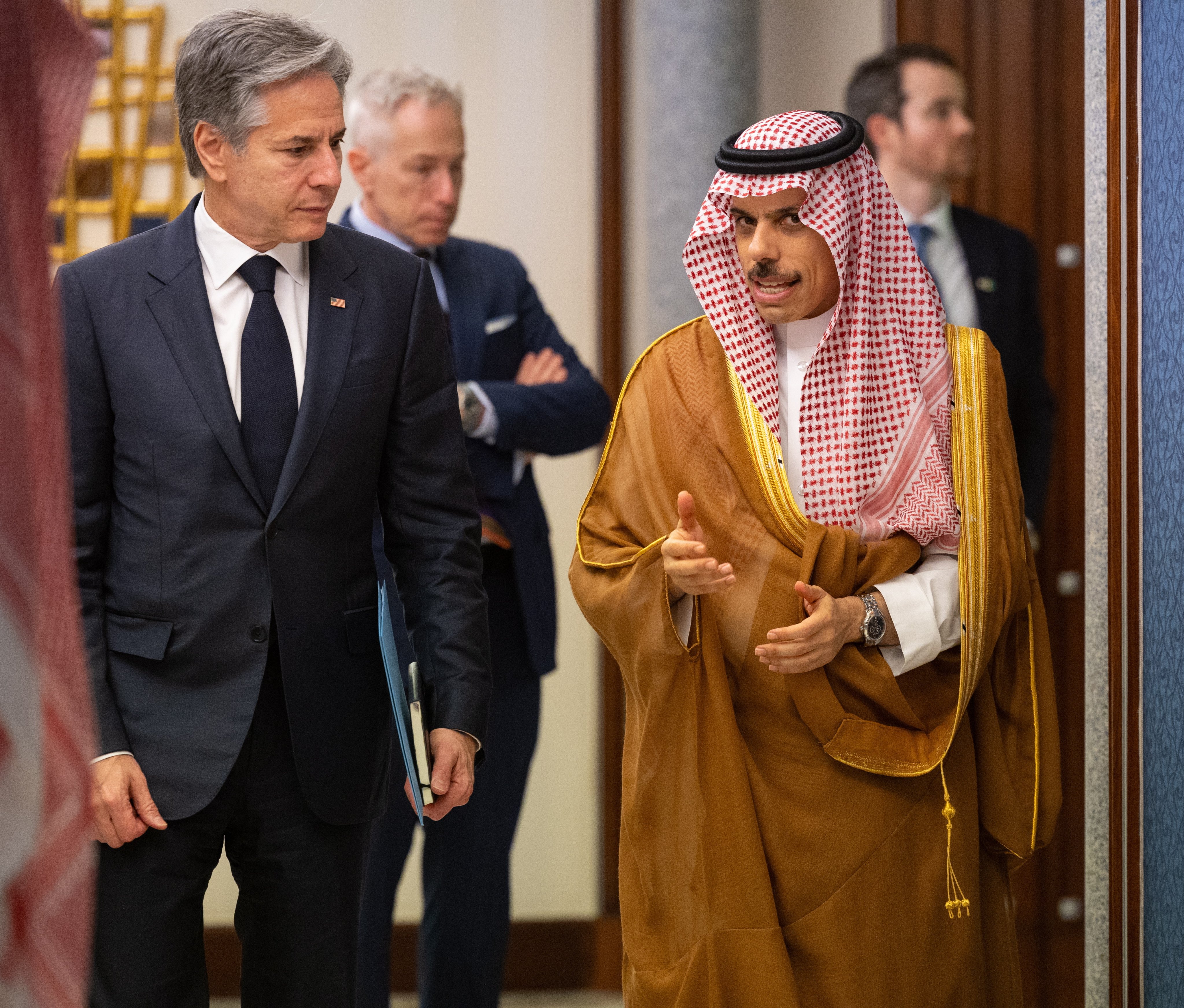 Saudi Minister of Foreign Affairs, Prince Faisal bin Farhan bin Abdullah meets with the US Secretary of State Antony Blinken in Jeddah, Saudi Arabia, on March 20. Photo: EPA-EFE 