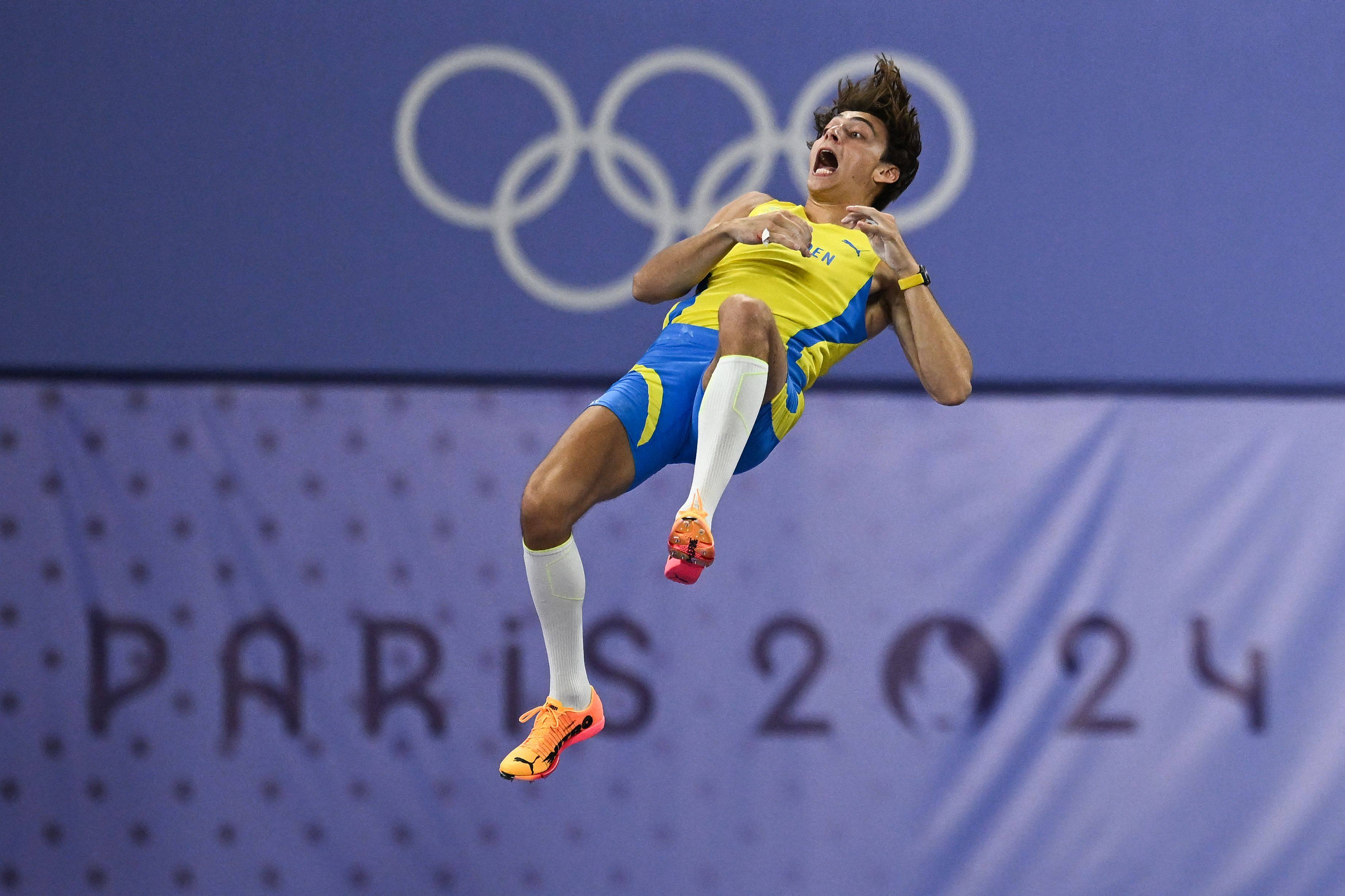 Sweden’s Armand Duplantis passes 6.25m and sets a world record in the men’s pole vault final at the Paris Olympics. Photo: AFP