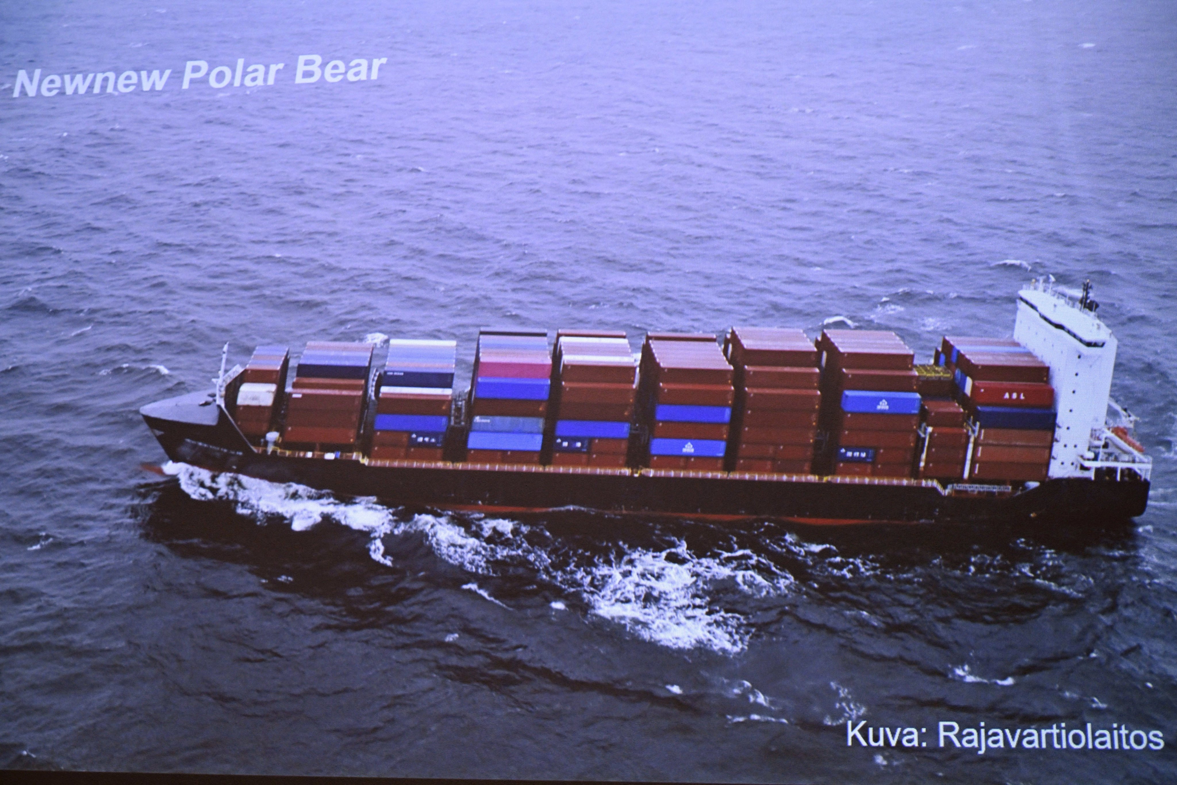 The Finnish Border Guard’s photo of a Hong Kong registered cargo ship Newnew Polar Bear, which was spotted moving close to the Balticconnector gas line on October 8, 2023. Photo: Lehtikuva via Reuters 