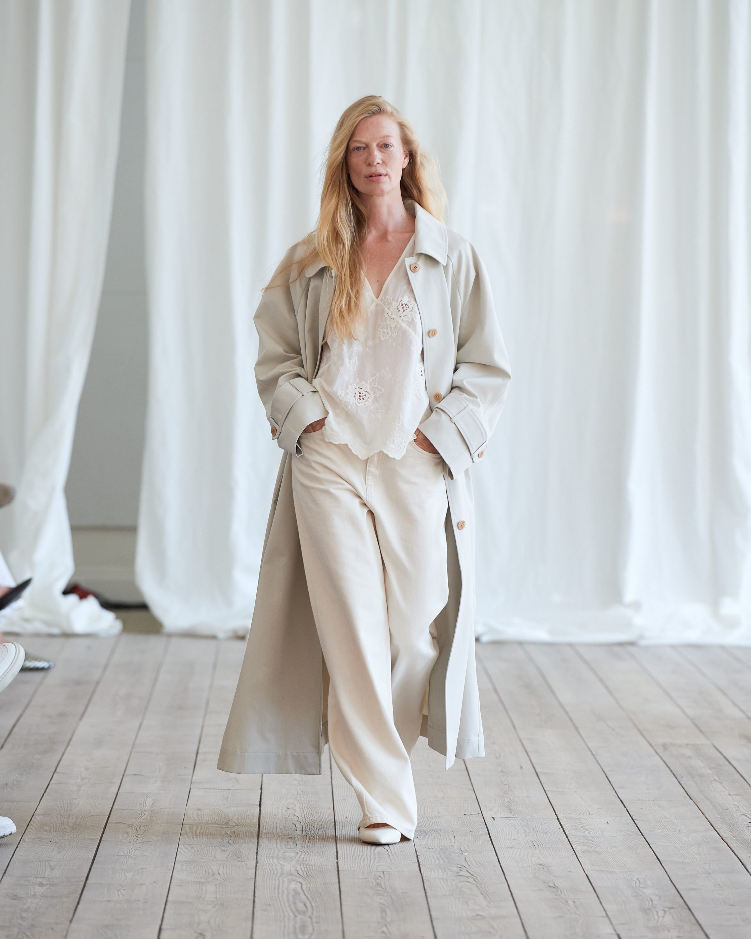 A model walks the runway in the Skall Studio show at Copenhagen Fashion Week, which was packed with eco-conscious looks from Danish designers. Photo: James Cochrane