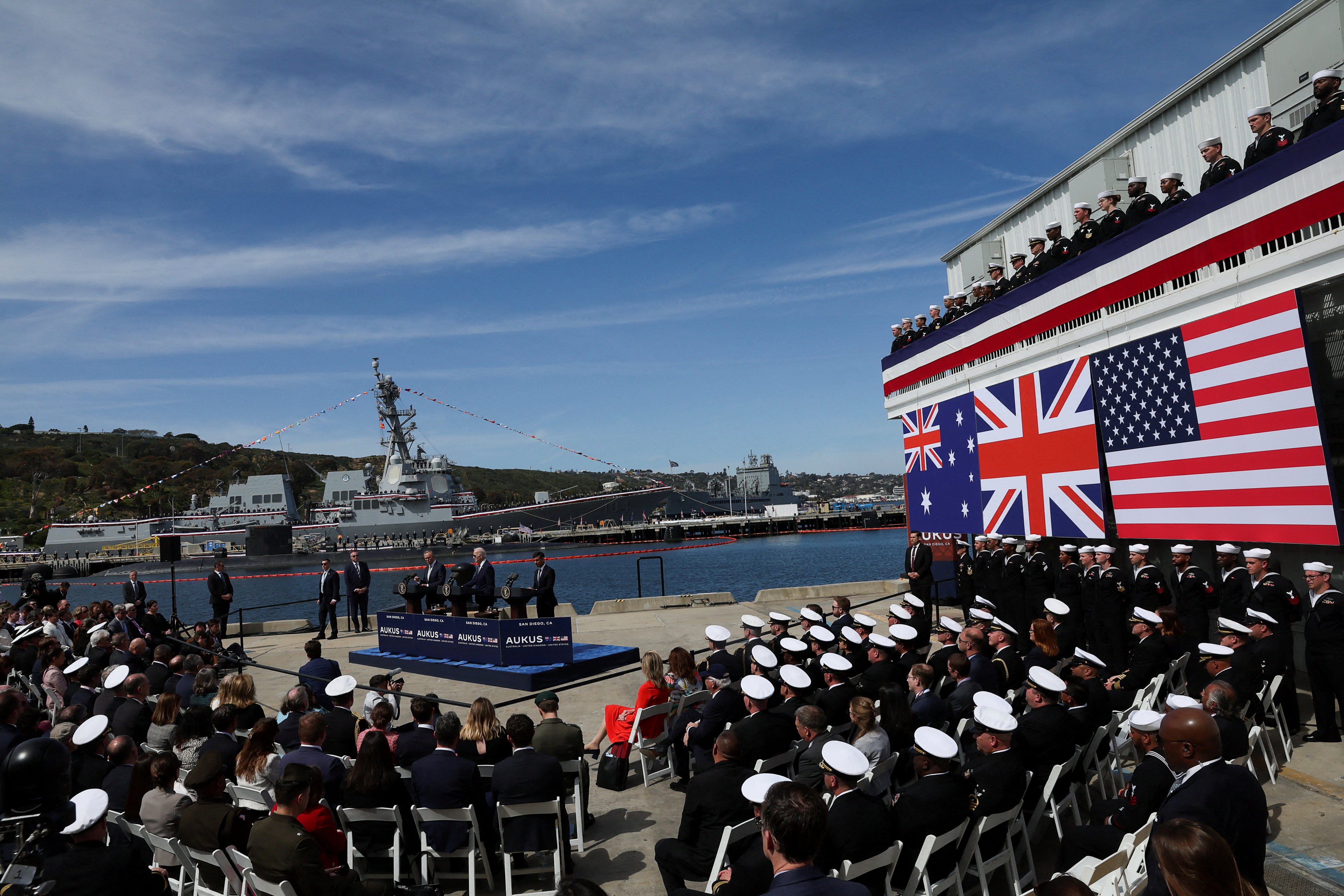 US President Joe Biden, Australian Prime Minister Anthony Albanese and then-British prime minister Rishi Sunak for an Aukus event at Naval Base Point Loma in San Diego last year. The Aukus partners are also developing advanced defence technology spanning hypersonic missiles, undersea drones and quantum technologies. Photo: Reuters