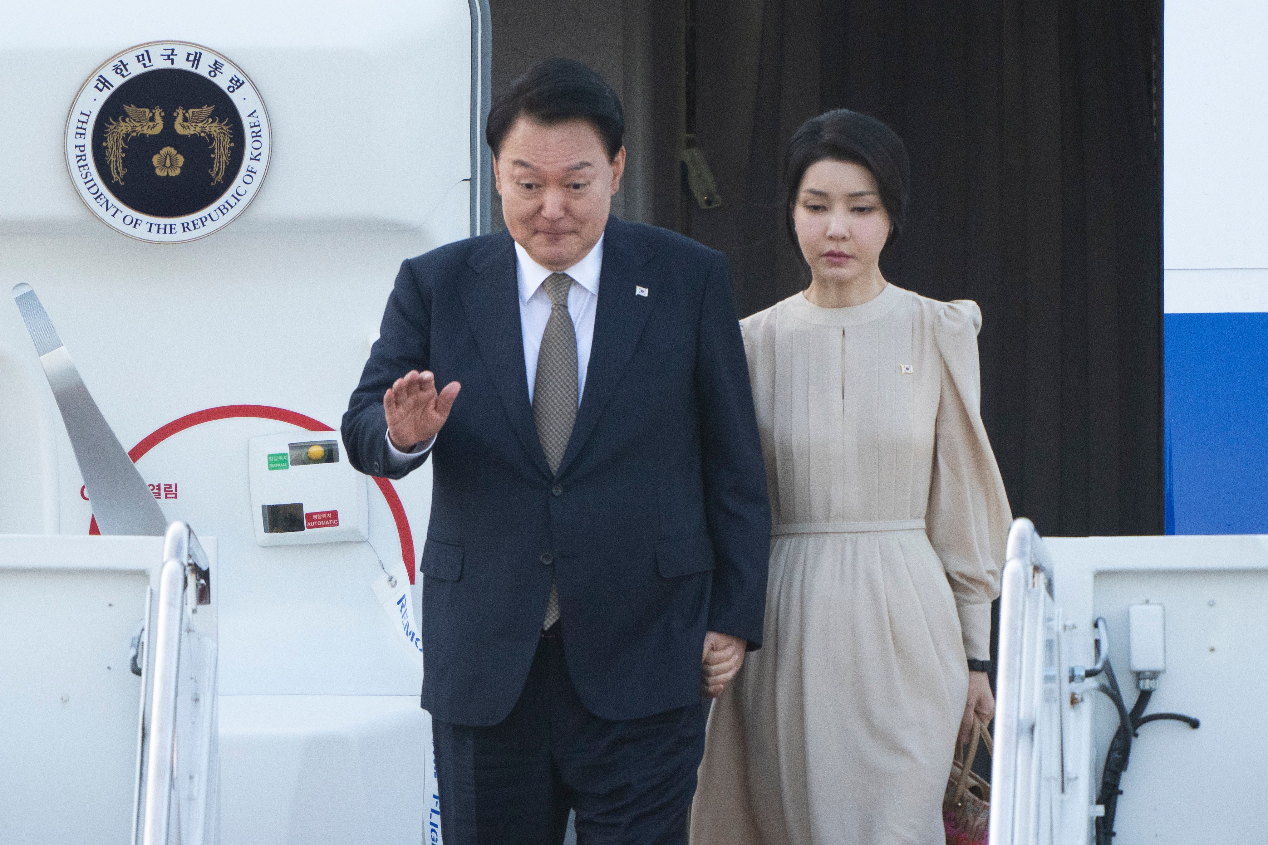 South Korea’s President Yoon Suk-yeol and his wife Kim Keon-hee at Andrews Air Force Base to attend the Nato summit in Washington in July. Photo: AP