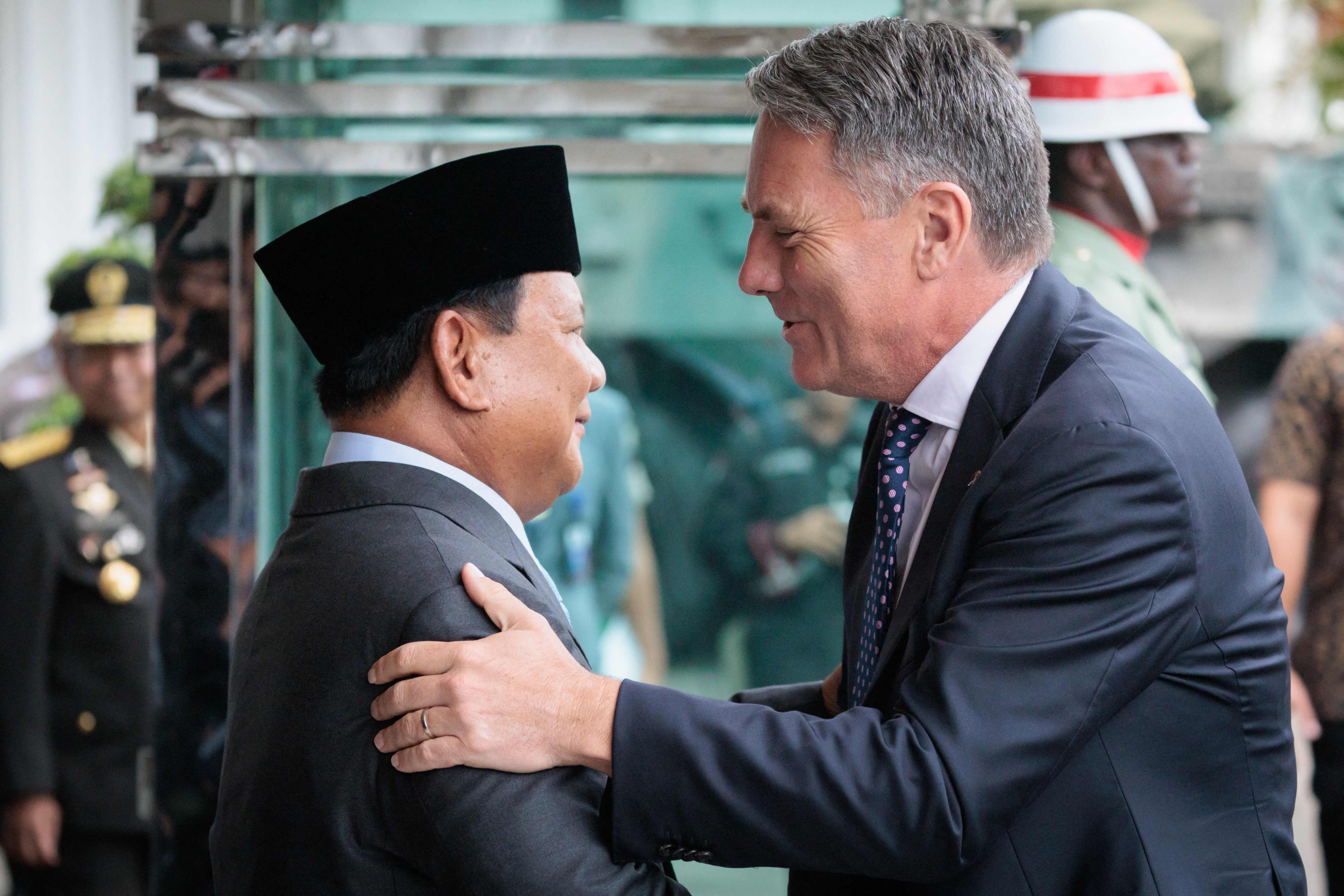 Indonesia’s Defence Minister Prabowo Subianto (left) receives his Australian counterpart Richard Marles prior to their meeting at the office of the defence ministry in Jakarta in February 2024. Photo: AFP