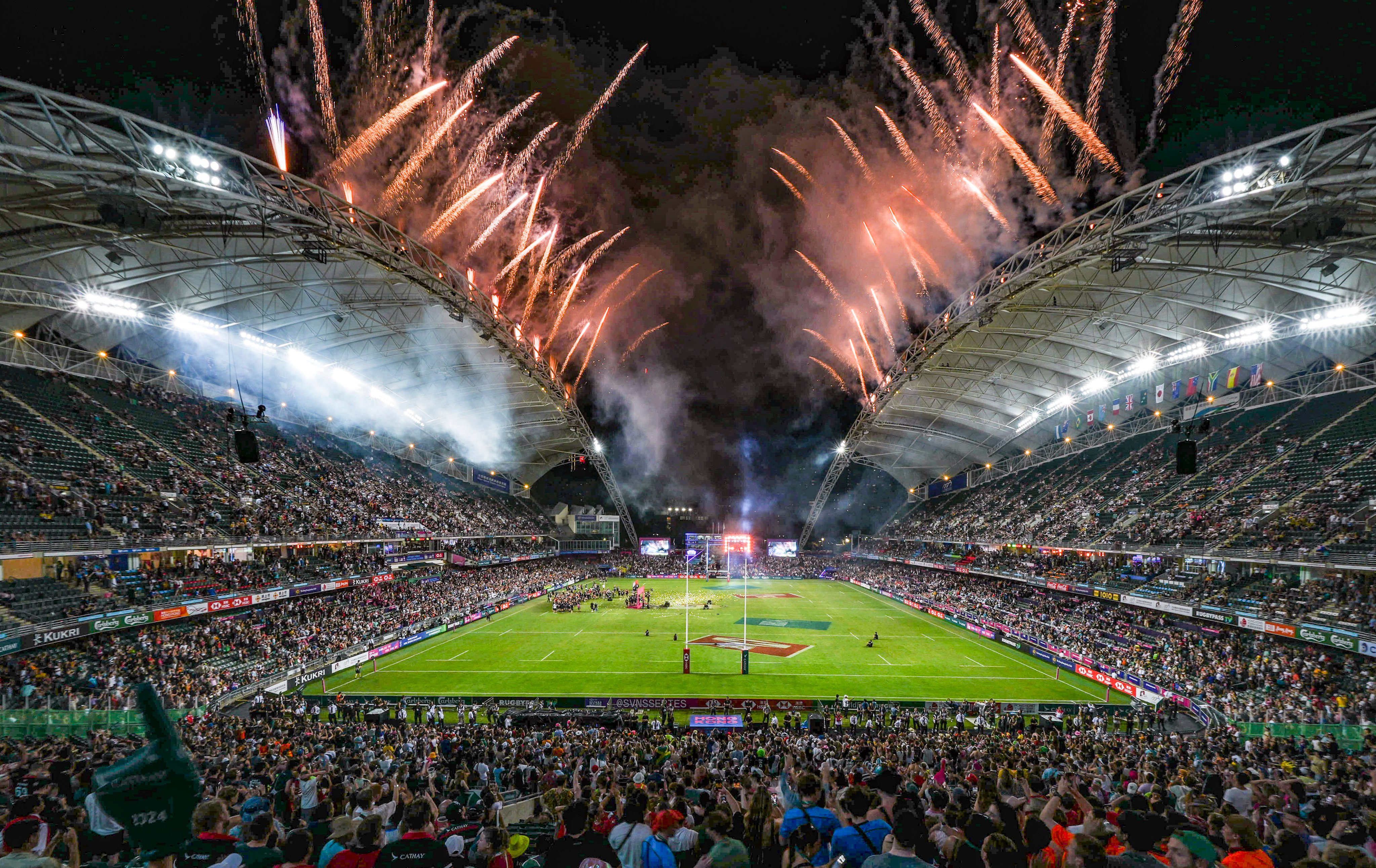 Fireworks explode over Hong Kong Stadium at the end of the 2024 Cathay/HSBC Hong Kong Sevens. Photo: Eugene Lee