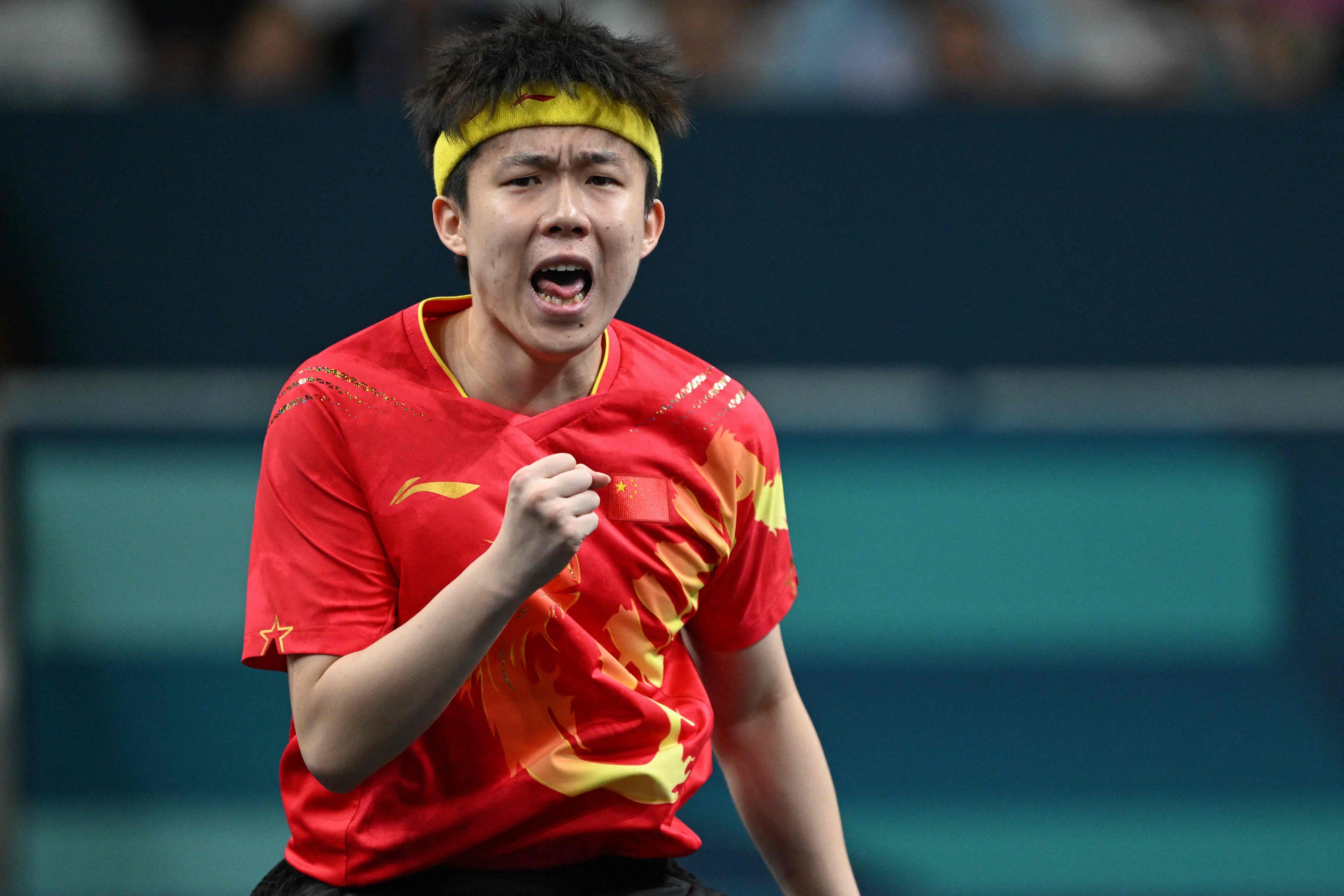 China’s Wang Chuqin during his men’s table tennis singles match in the team gold-medal match between China and Sweden at the 2024 Olympic Games at the South Paris Arena in Paris on August 9. Photo: AFP