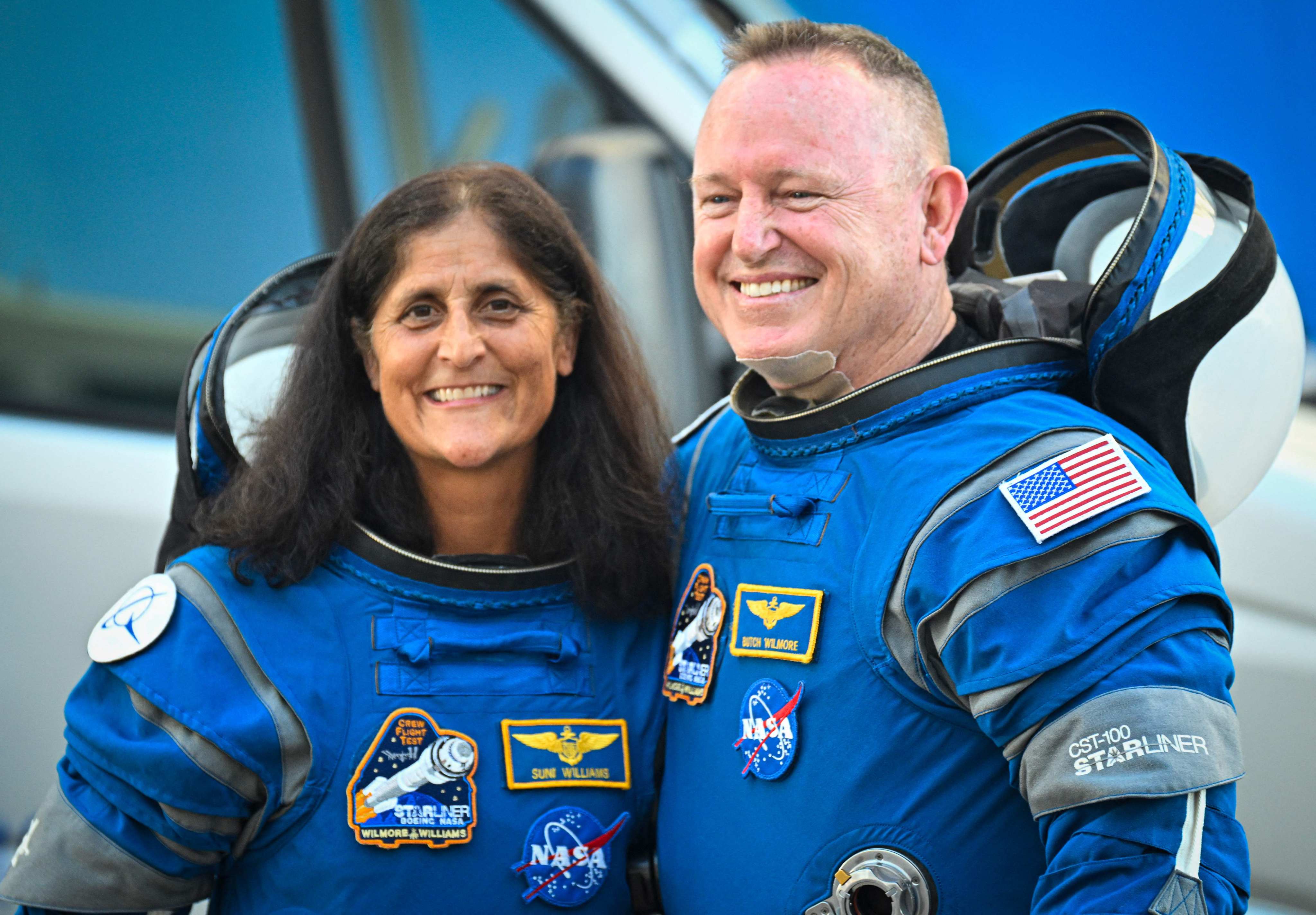 Nasa astronauts Barry Wilmore and Sunita Williams pose before boarding their Boeing Starliner spacecraft on June 5. Photo: AFP