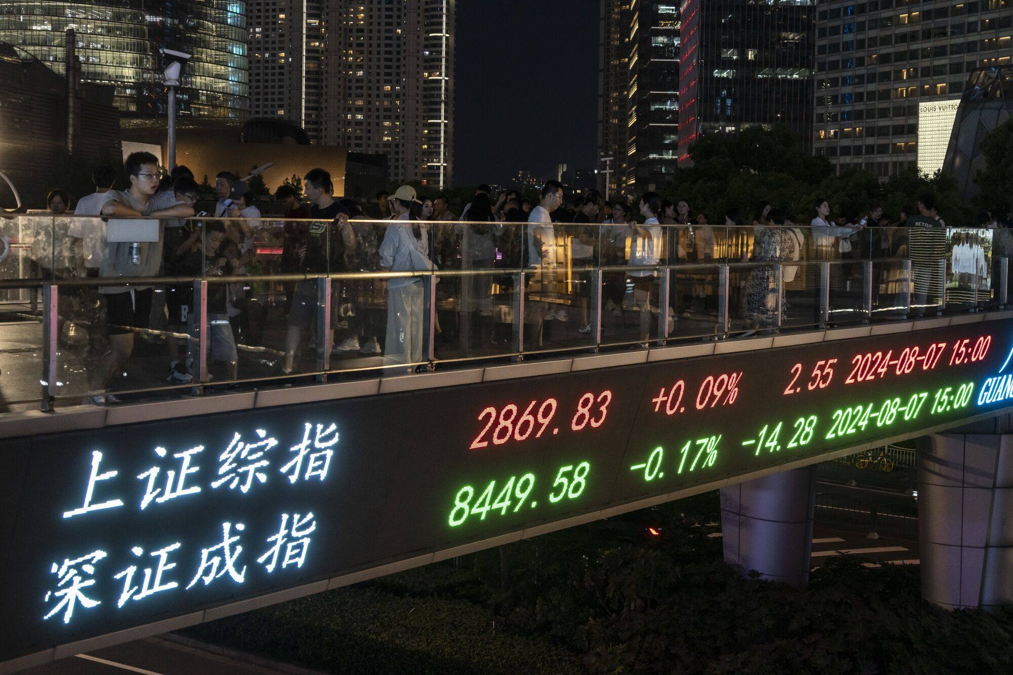 An electronic ticker displays stock figures in Shanghai on August 7, 2024. Photo: Bloomberg