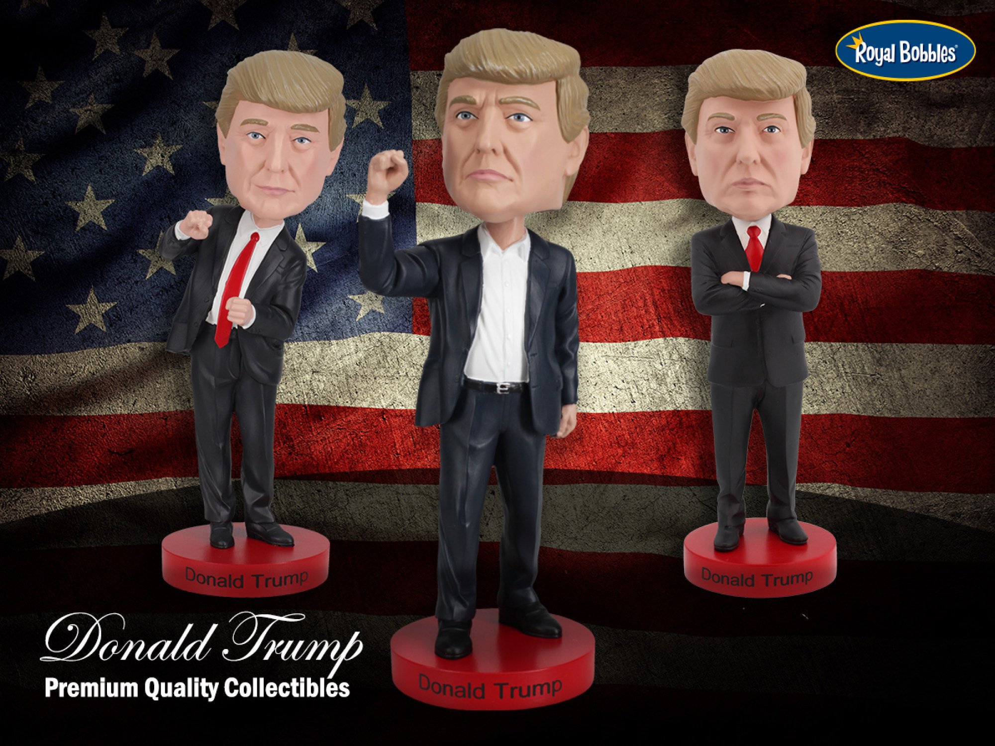 Some Trump bobblehead dolls, such as the one at the centre of this image, are based on a photograph of the former US president raising his fist after last month’s assassination attempt. Photo: Royal Bobbles