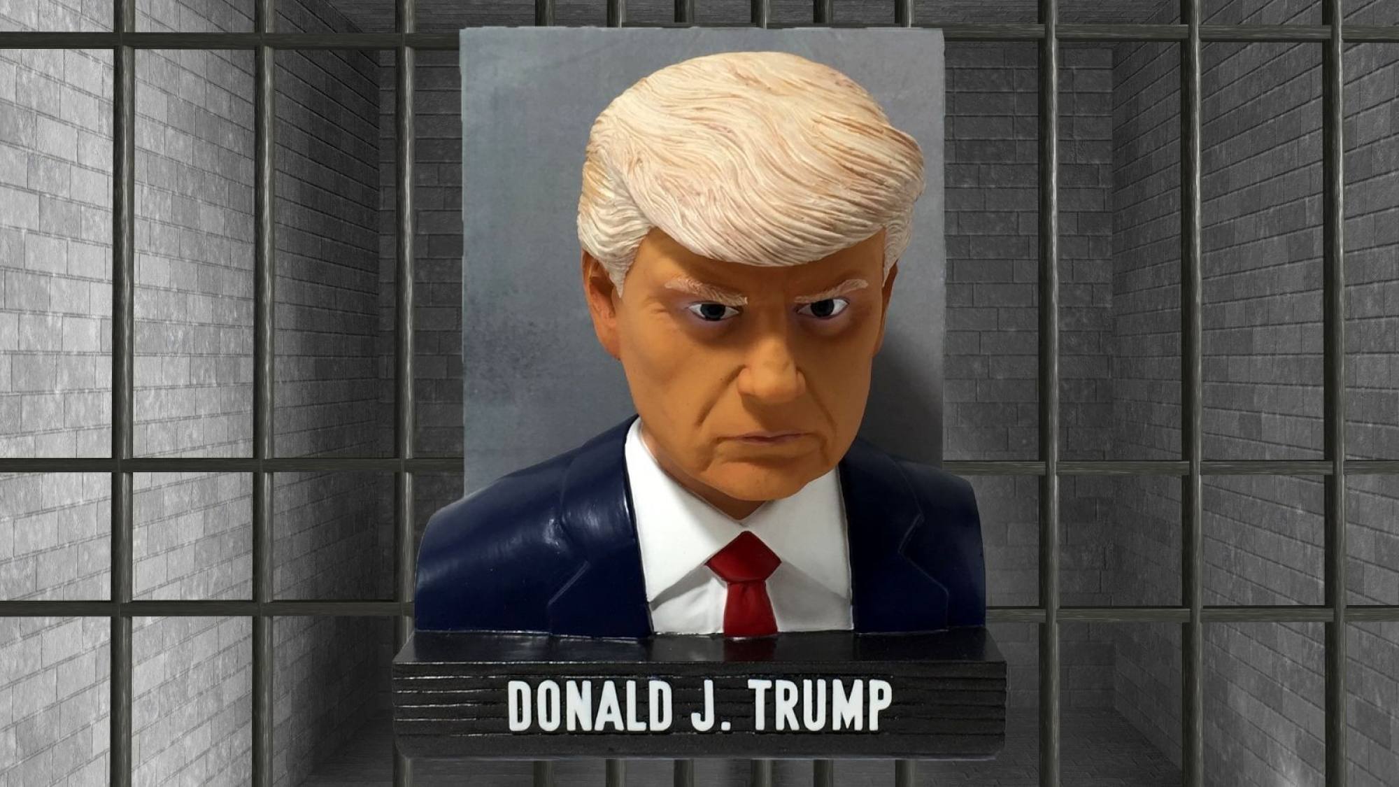 A bobblehead depicting the mug shot of Trump, who has been convicted of 34 felonies and faces other criminal indictments. Photo: The National Bobblehead Hall of Fame and Museum