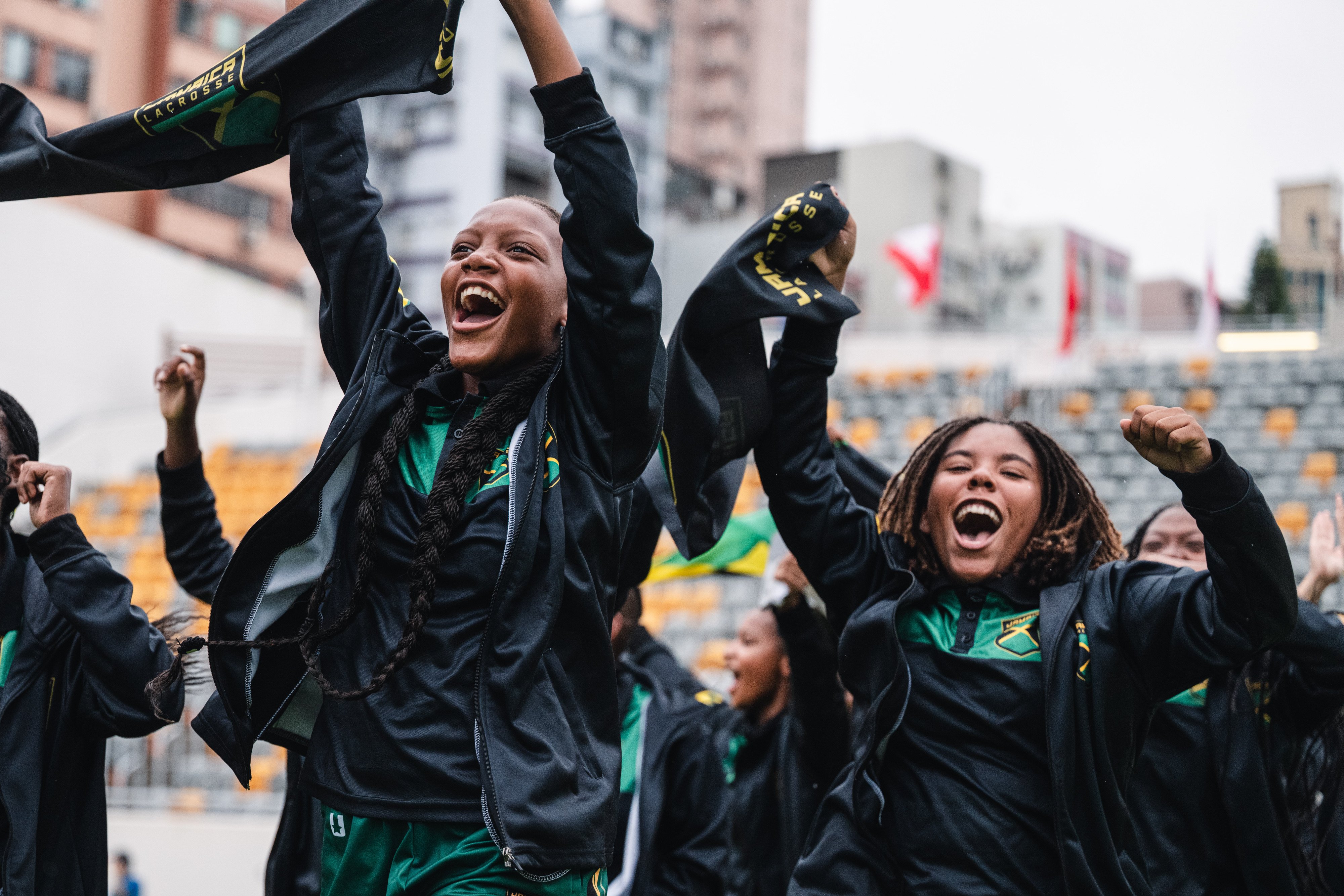 Jamaica’s players take part in the World Lacrosse Women’s U20 Championship’s opening ceremony on Thursday. Photo: HKLAX