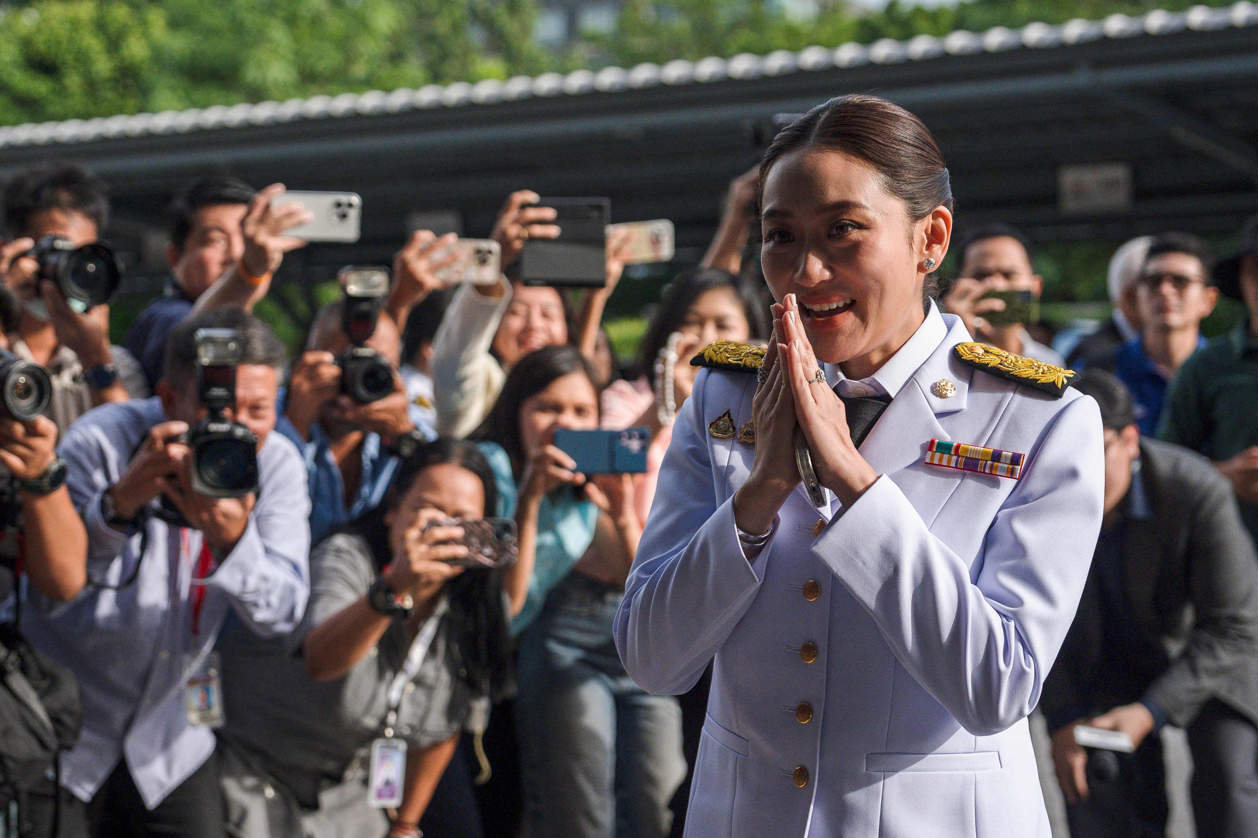 Paetongtarn Shinawatra arrives for the royal endorsement ceremony appointing her as the new prime minister of Thailand, in Bangkok on Sunday. Photo: AFP