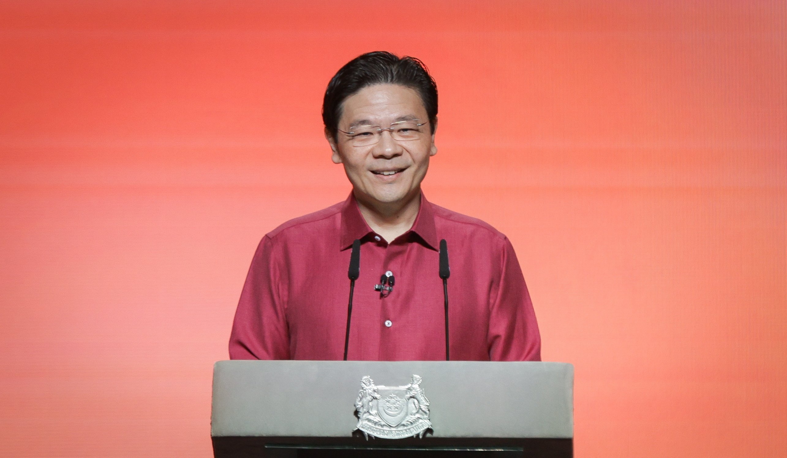 Singapore’s Prime Minister Lawrence Wong delivering his National Day Rally address at the Institute of Technical Education headquarters in Singapore on Sunday. Photo: EPA-EFE / Singapore’s Ministry of Digital Development and Information