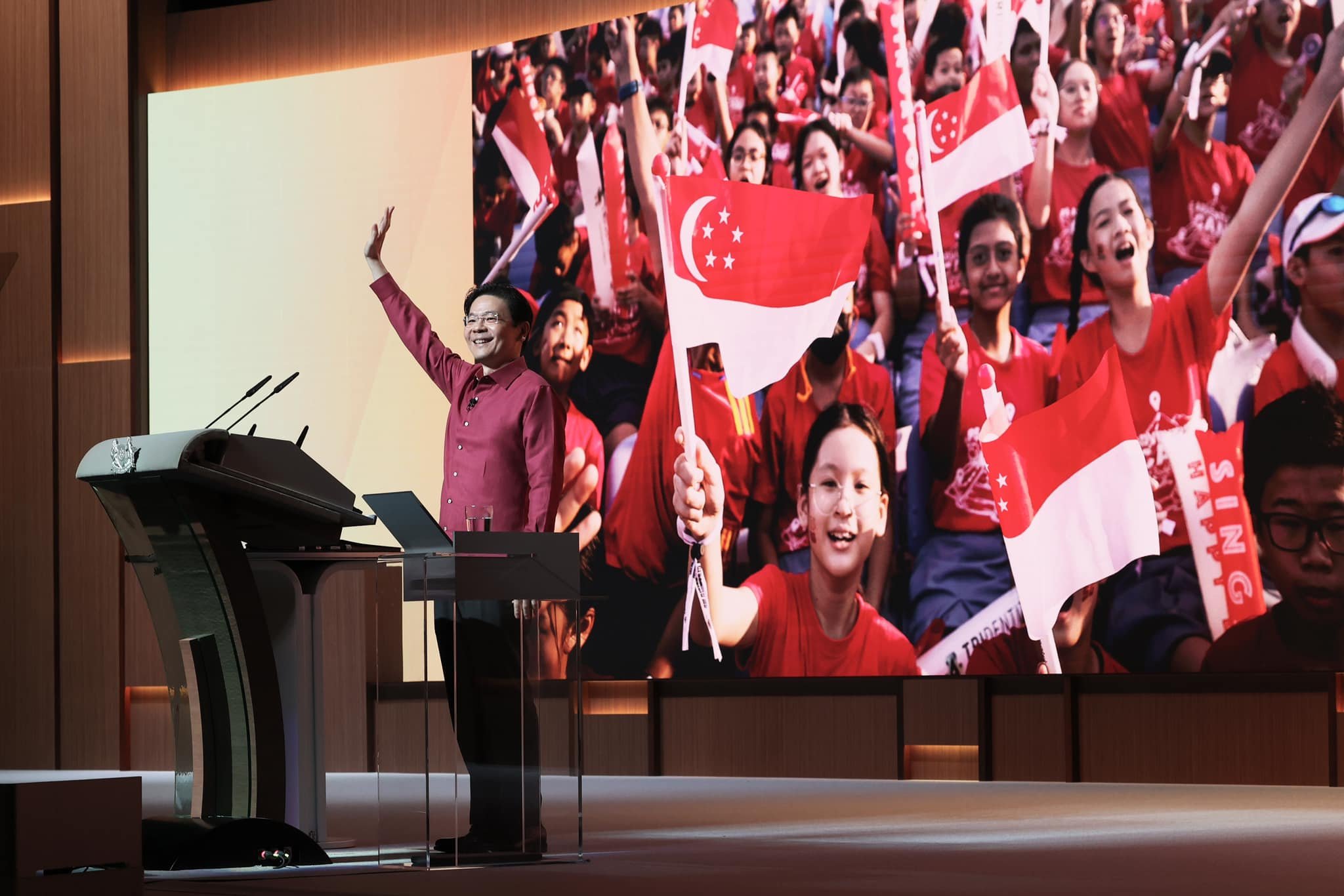 Prime Minister Lawrence Wong during his first National Day Rally address at the Institute of Technical Education headquarters in Singapore on Sunday. Photo: Singapore’s Ministry of Digital Development and Information