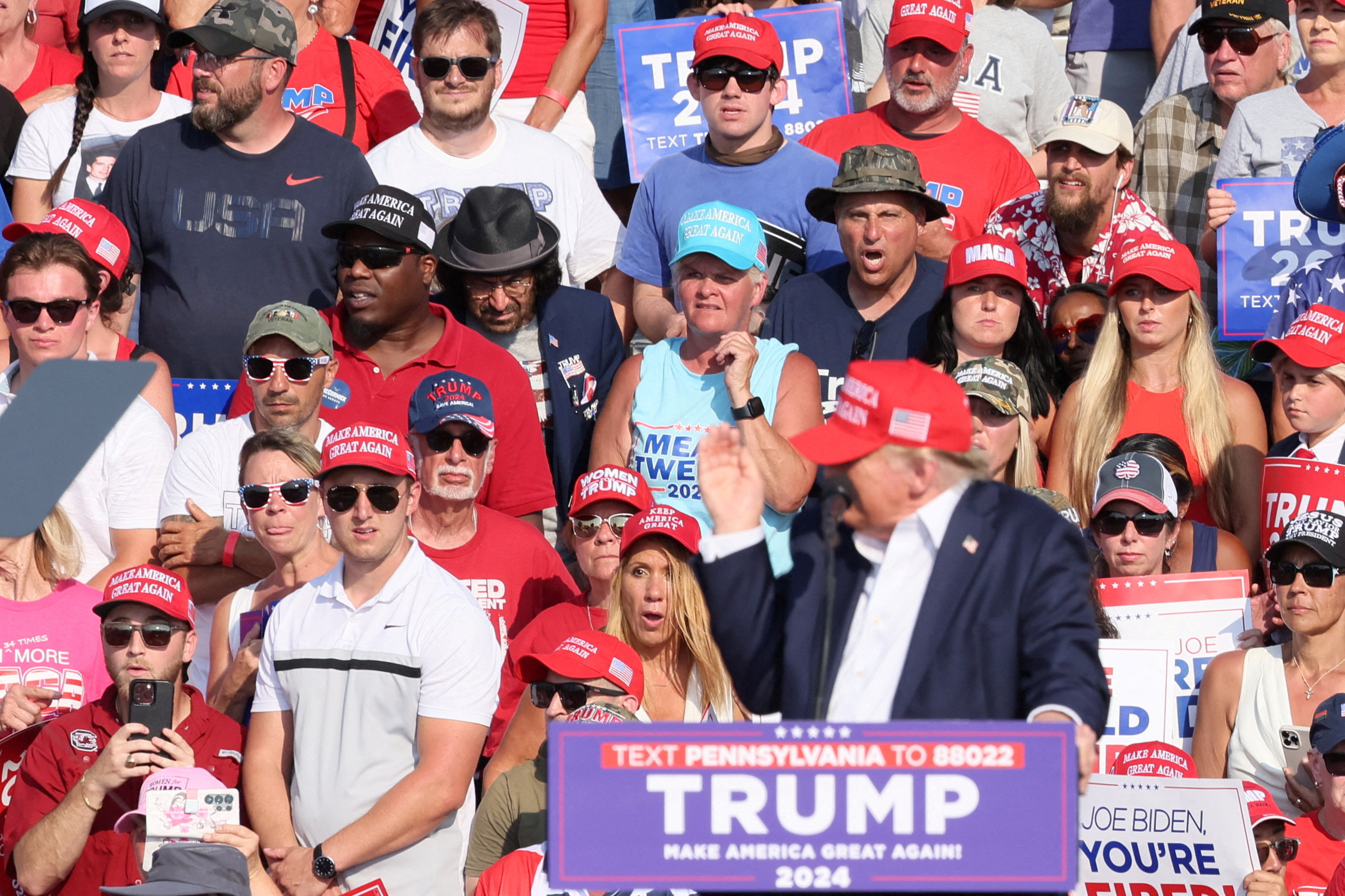 Donald Trump reacts in the moments after a would-be assassin’s bullet grazed his ear during a campaign rally in Pennsylvania on July 13. Photo: Reuters